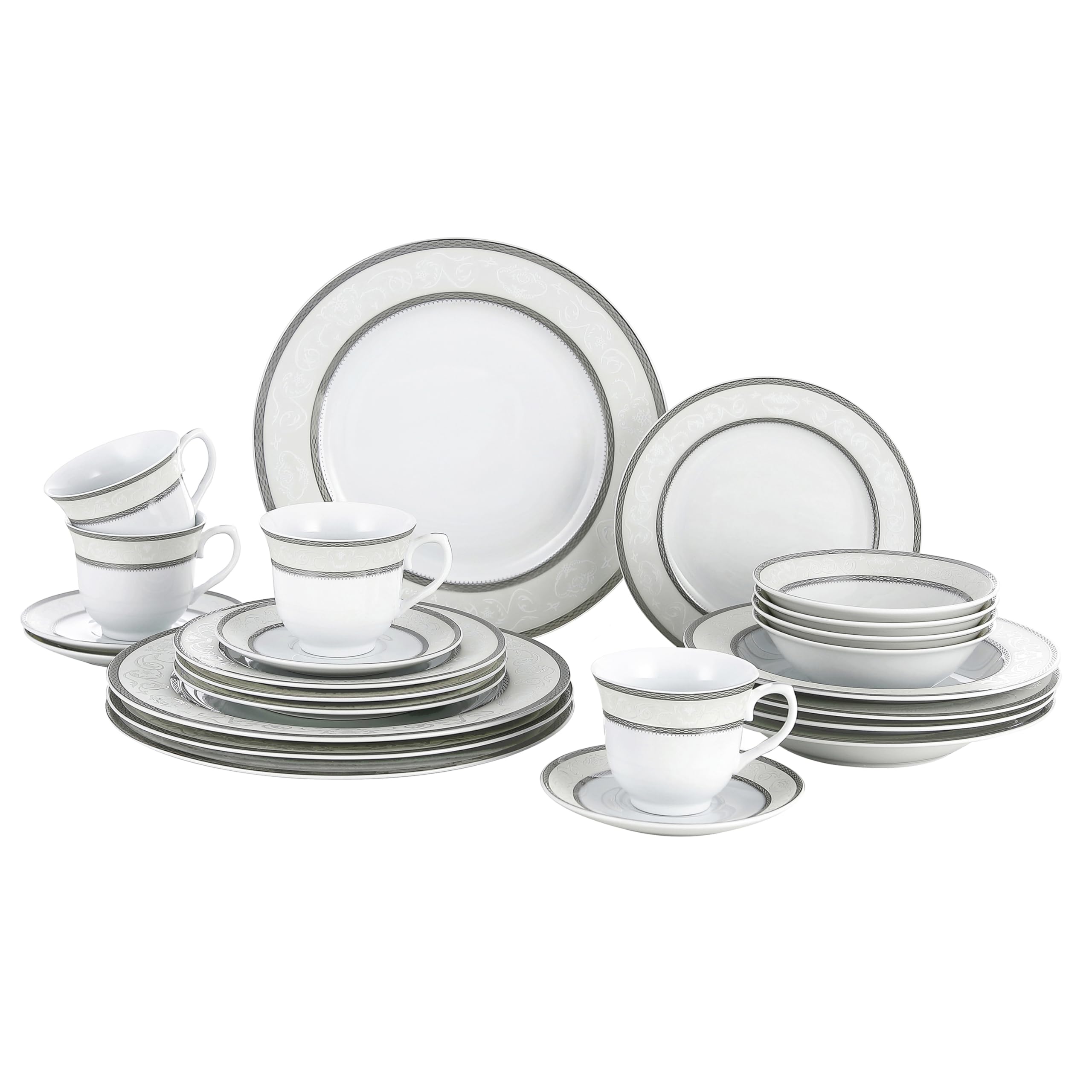 Lorren Home Trends Sirena 16-Piece Silver Dinnerware Set - Elegant Tableware for Formal Dining, Dinner Parties & Special Occasions