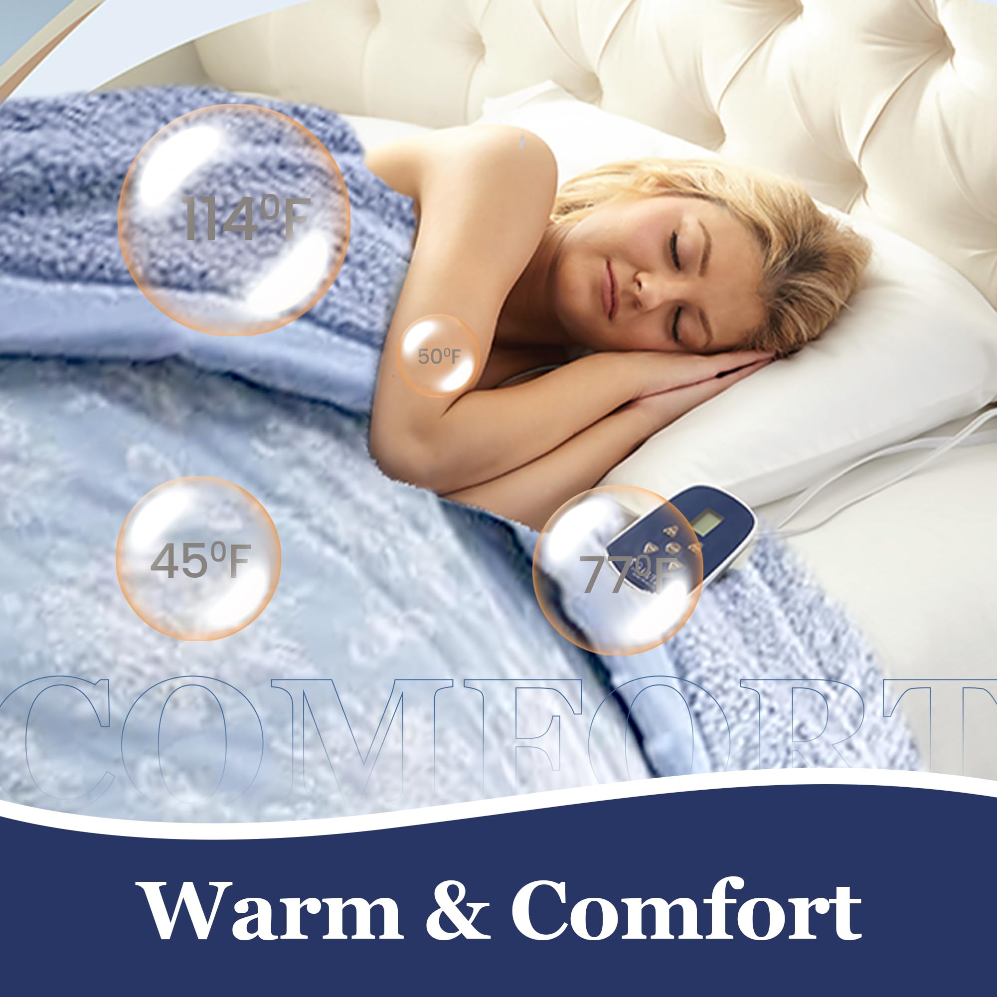 Thermee Micro Flannel Heated Blanket with Sherpa Back - King Size Electric Blanket with 10 Heat Settings, Programmable Fast Heating Throw - Ultra Soft Thermal Blanket in Toile Sky Blue - Perfect for Winter Nights, Bedroom Comfort & Cozy Home Decor