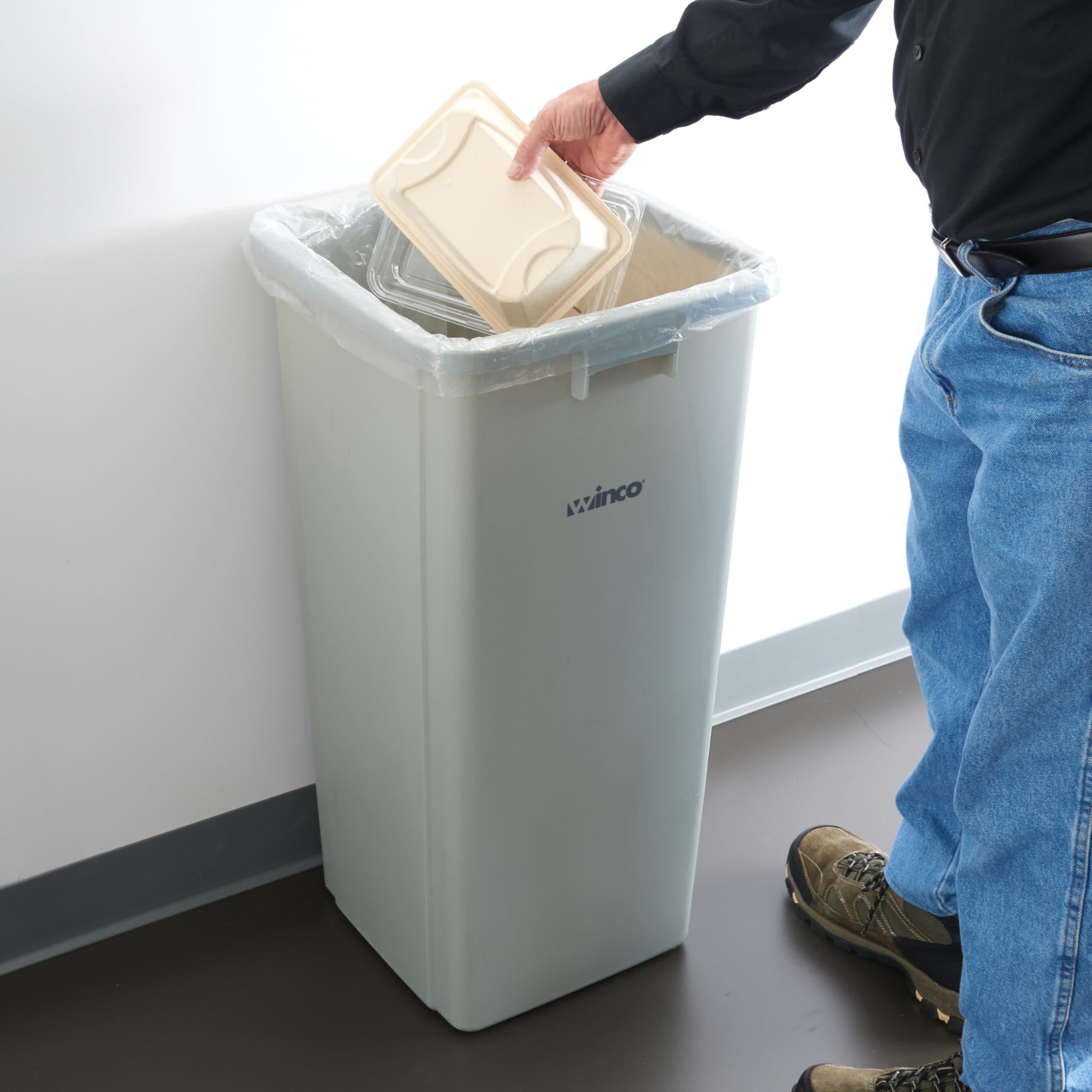 Winco PTCS-23G 23 Gallon Square Trash Can with Lid - Gray Commercial Kitchen Garbage Bin for Office, Restaurant & Home Use