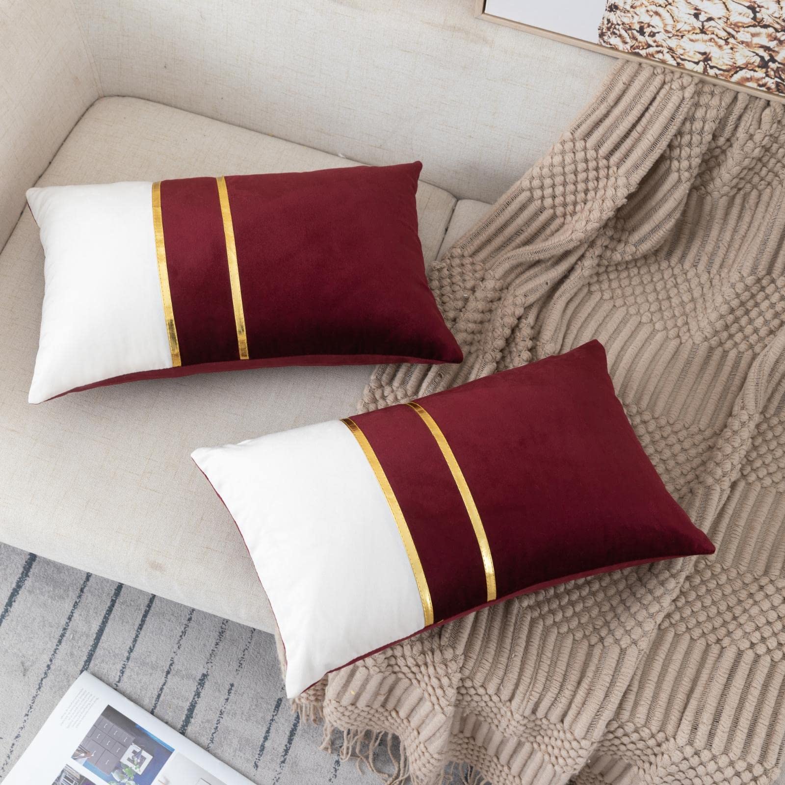 ZLINA Set of 2 Velvet Decorative Lumbar Pillow Covers - Red & White Patchwork with Gold Leather Trim - 12×20 Inch Cushion Covers for Sofa, Bed, Living Room, Bedroom & Car Decor