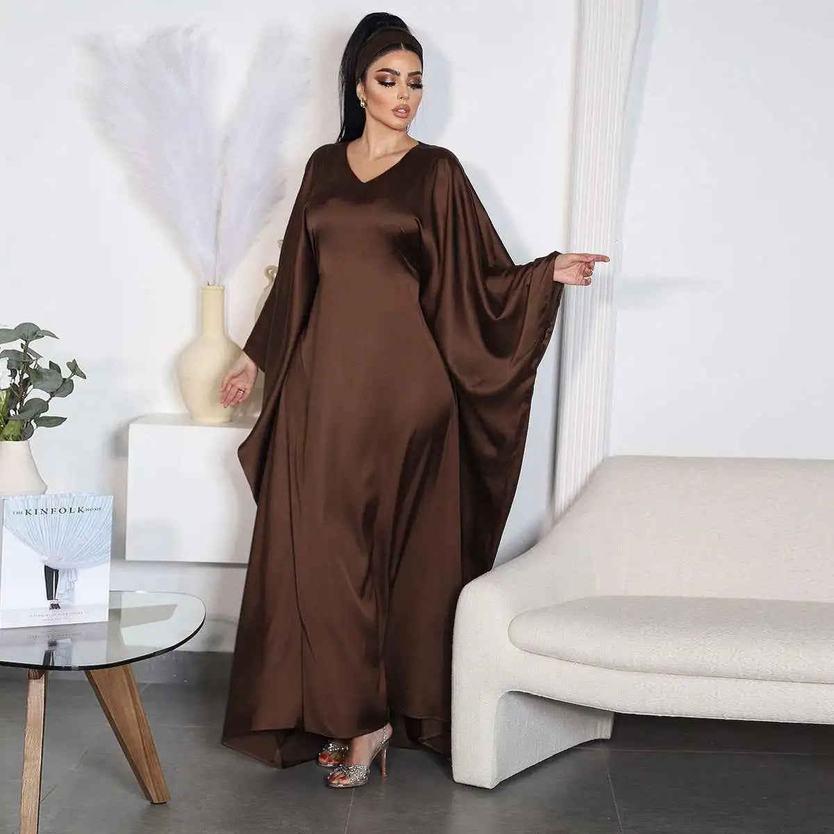 Elegant Coffee Satin Batwing Sleeve Farasha Abaya Dress for Women - Modest Islamic Fashion for Prayer, Wedding & Special Occasions