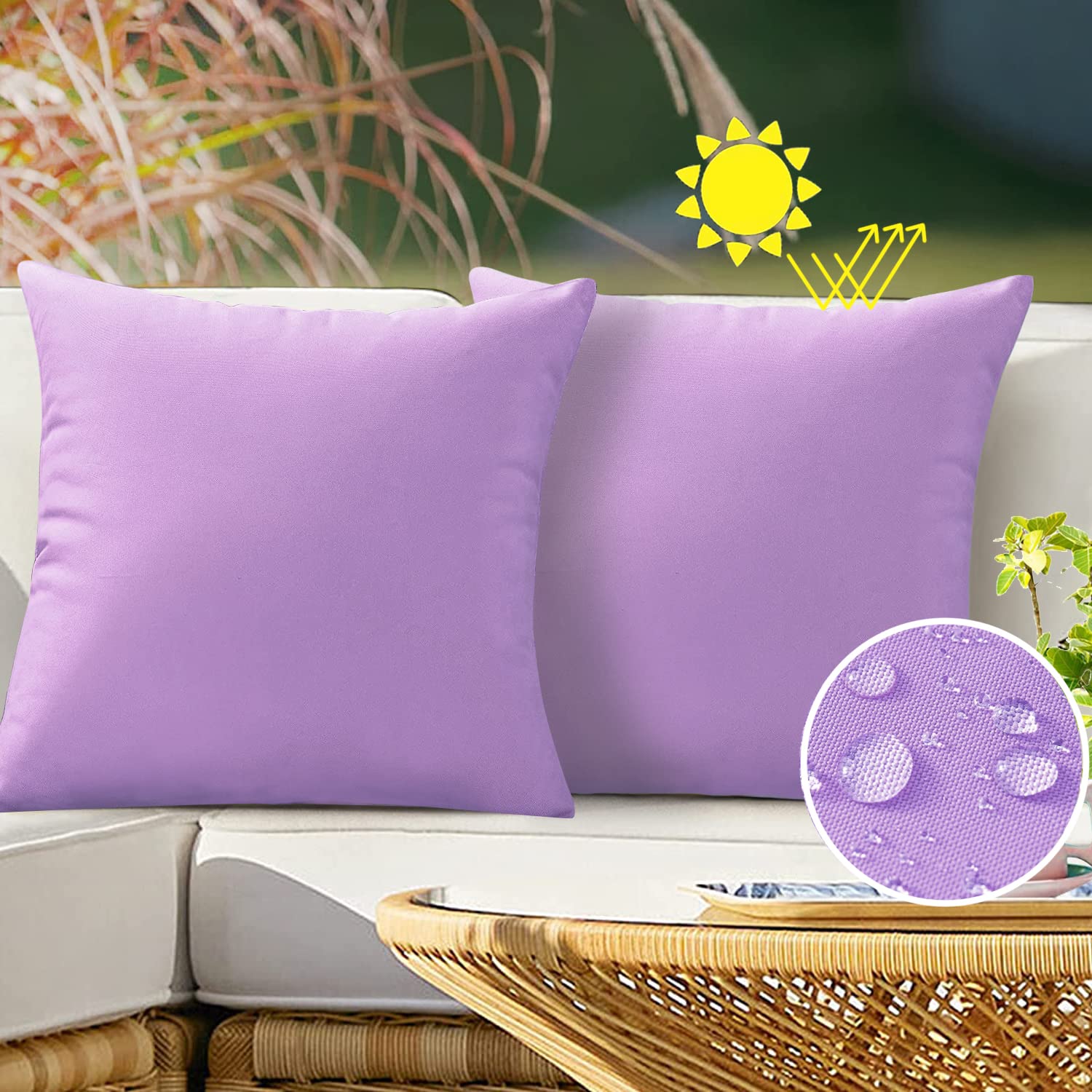 VAKADO 18x18 Inch Waterproof Outdoor Throw Pillow Covers Set of 2 - Decorative Purple Patio Furniture Cushion Cases for Garden, Porch, Bench & Couch - All-Weather Outdoor Decor for Backyard, Poolside & Patio