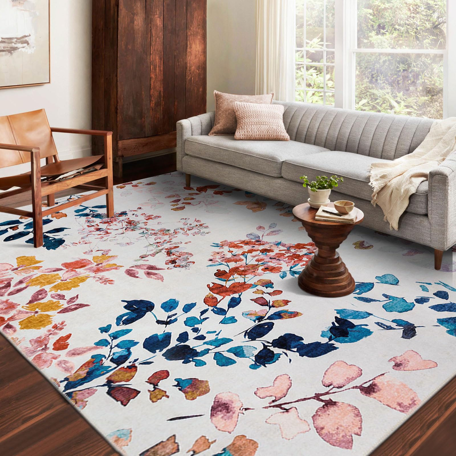 Phyllis Modern 5'×7' Washable Floral Area Rug - Non-Slip Low Pile Accent Carpet with Colorful Flower Leaf Design, Non-Shedding for Living Room, Bedroom, Dining & Office | Perfect for Boho Decor, Home Staging & Cozy Spaces