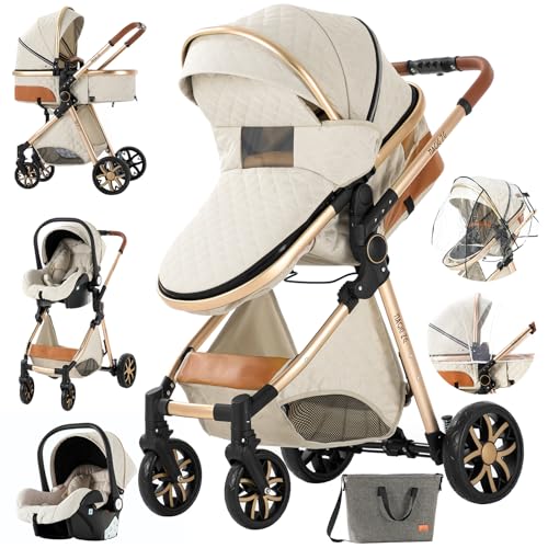 3 in 1 Baby Travel System - Infant Stroller with Reversible Seat, Foldable & Portable Design - Newborn to Toddler Pram Buggy - Creamy White (225-63) | Perfect for Shopping, Travel & Daily Walks