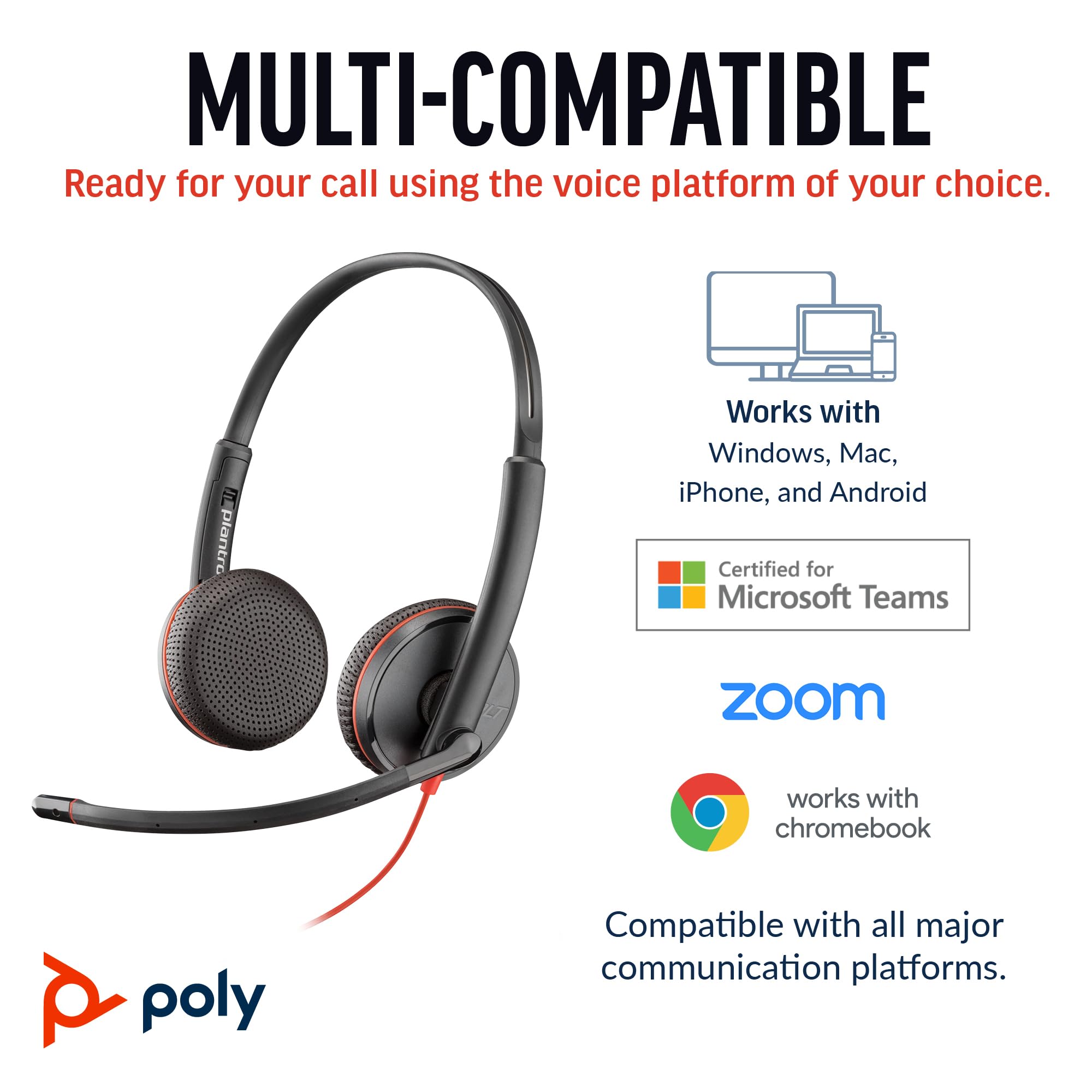 Plantronics Poly Blackwire 3225 Wired Headset with Noise-Canceling Mic - Stereo USB & 3.5mm Headphones for PC, Mac, Mobile - Compatible with Teams, Zoom Calls & Online Meetings - Office, Home Office & Remote Work Headset (Amazon Exclusive)