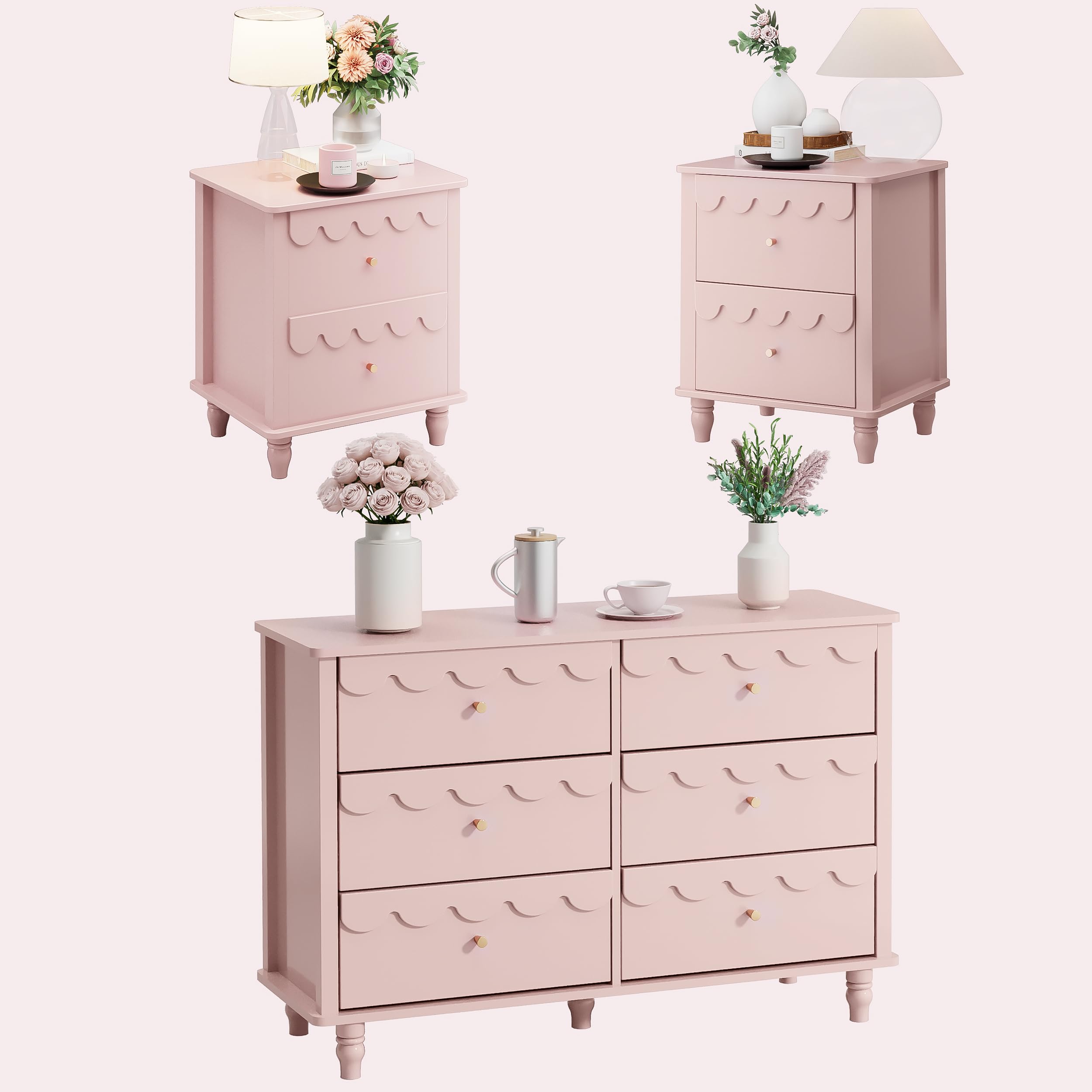 Anbuy 6-Drawer Dresser & 2-Nightstand Set - 3-Piece Bedroom Furniture Combo in Pink | Space-Saving Storage Solution for Small Bedrooms, Guest Rooms & Dorm Rooms