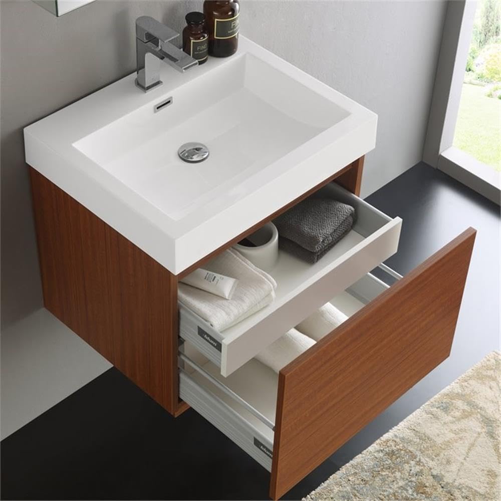 Fresca FVN8006TK Modern Teak Wood Bathroom Vanity with Built-in Medicine Cabinet - Perfect for Small Bathrooms, Powder Rooms & Master Baths