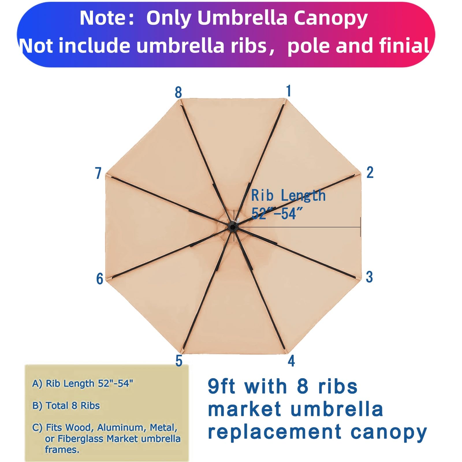 9ft Replacement Canopy for Patio Umbrella - Outdoor Table Market Umbrella Top with 8 Ribs - Perfect for Backyard, Garden, and Poolside Shade