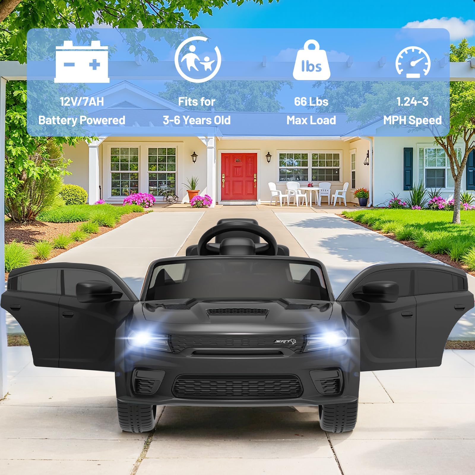 12V Licensed Dodge Charger Kids Electric Ride-On Car with Remote Control - 3 Speed, Suspension System, LED Lights, MP3 & Bluetooth - Black - Perfect for Birthday Gifts, Outdoor Play & Backyard Fun