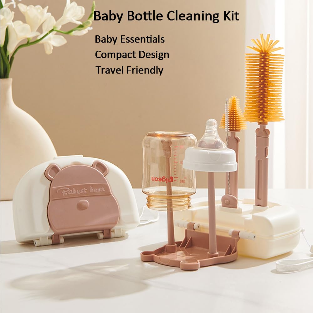 6-in-1 Baby Bottle Drying Rack & Cleaning Set with Silicone Brushes, Soap Dispenser & Storage Box - Perfect for Sterilizing, Drying and Organizing Baby Bottles, Pacifiers and Breast Pump Parts (Brown)
