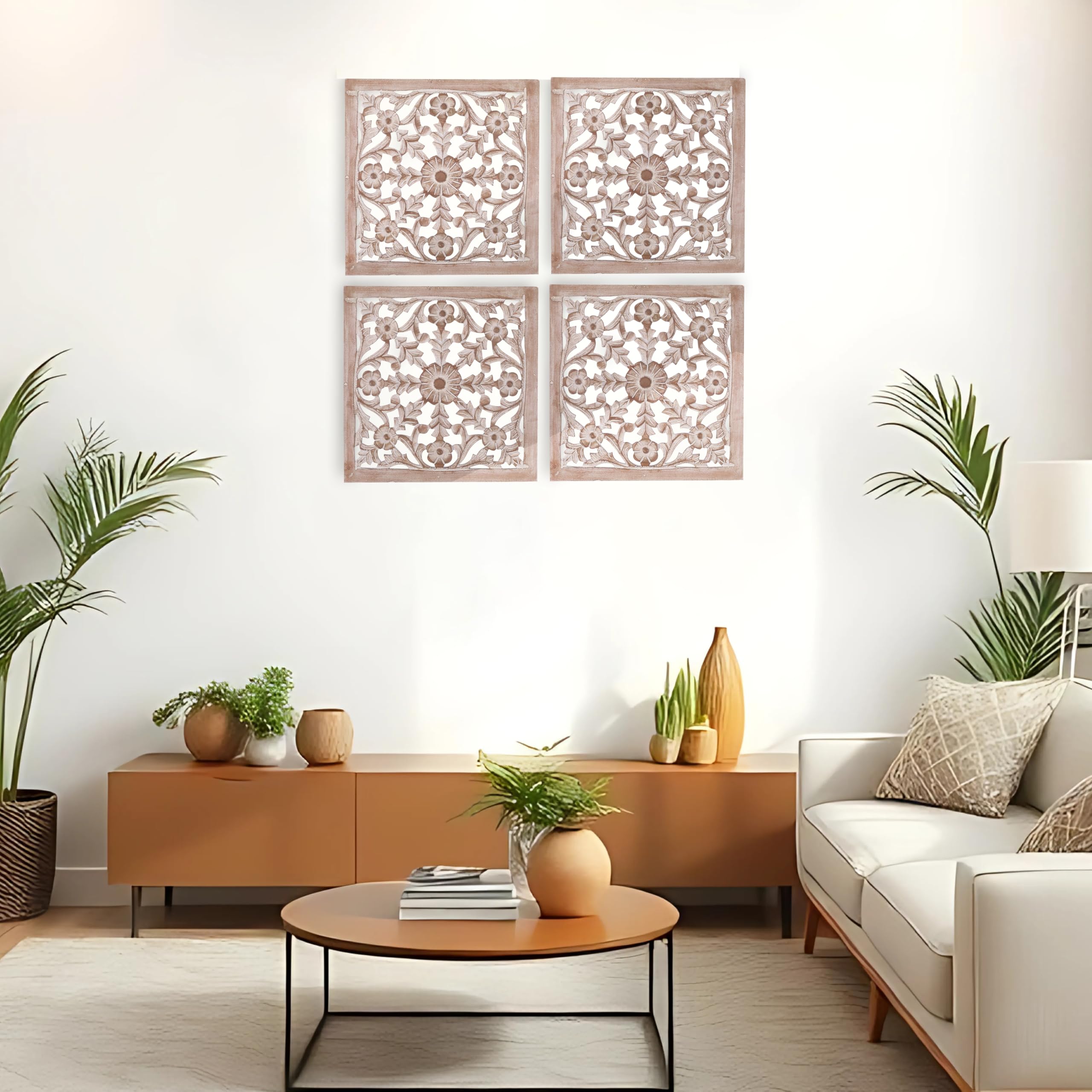 Set of 4 Carved Wood Wall Art Panels - 16x16 Inch Distressed White Wooden Medallion Decor | Handcrafted Home Wall Sculpture for Living Room, Bedroom & Entryway Décor