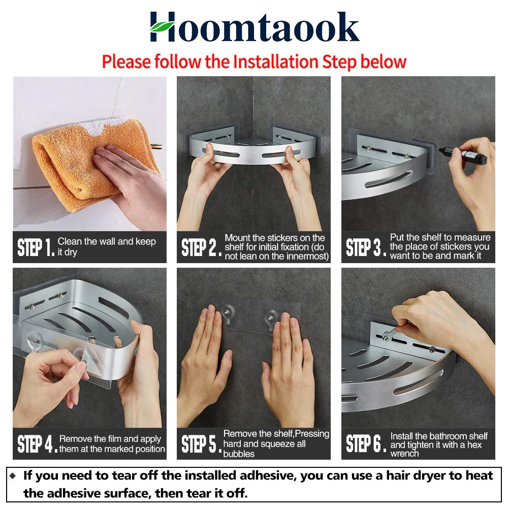 HOOMTAOK No-Drill 2-Tier Corner Shower Shelf - Wall Mounted Adhesive Bathroom & Kitchen Storage Basket (Silver) - Perfect for Small Spaces, Organizing Toiletries, and Maximizing Shower Storage