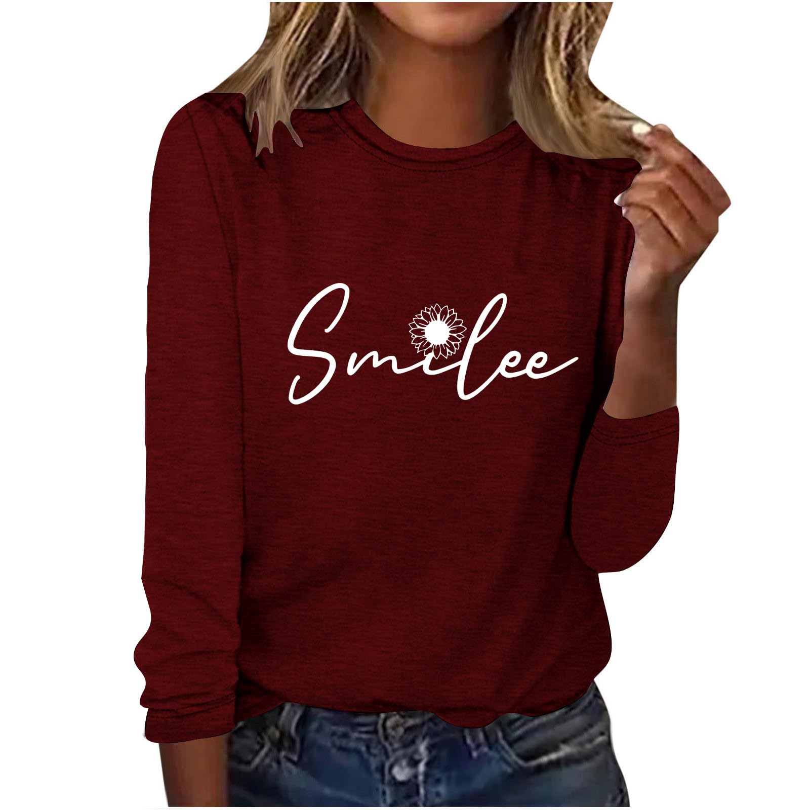 Women's Sunflower Smile Graphic Long Sleeve Tunic Top - Round Neck Pullover Blouse for Fall Casual Wear | Perfect for Autumn Outings, Coffee Dates & Weekend Errands