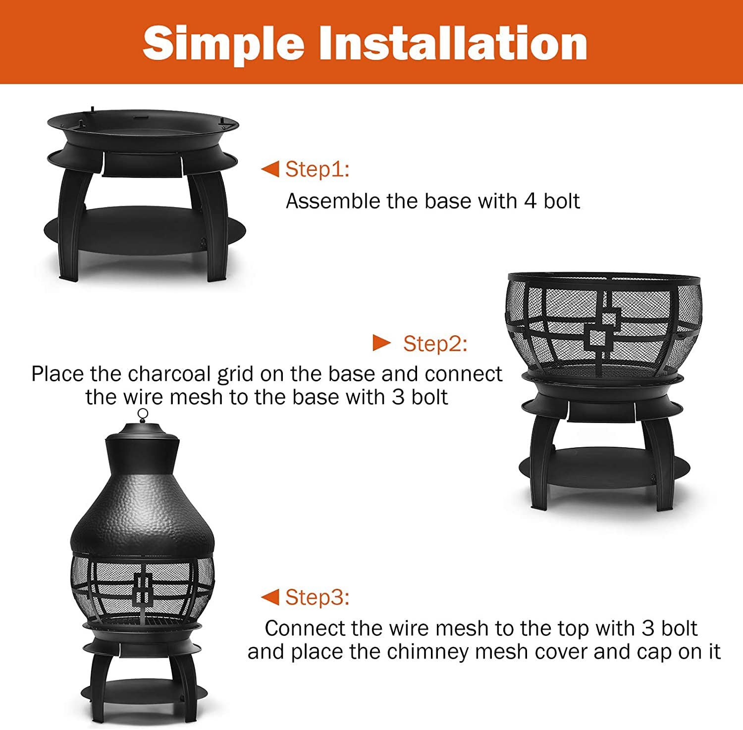 SAFSTAR Outdoor Cast Iron Chiminea - Wood Burning Fire Pit with Fire Poker & 360° Fire Retardant Mesh Cover - Durable Patio Chiminea for Backyard, Garden, and Camping Fireplace Use