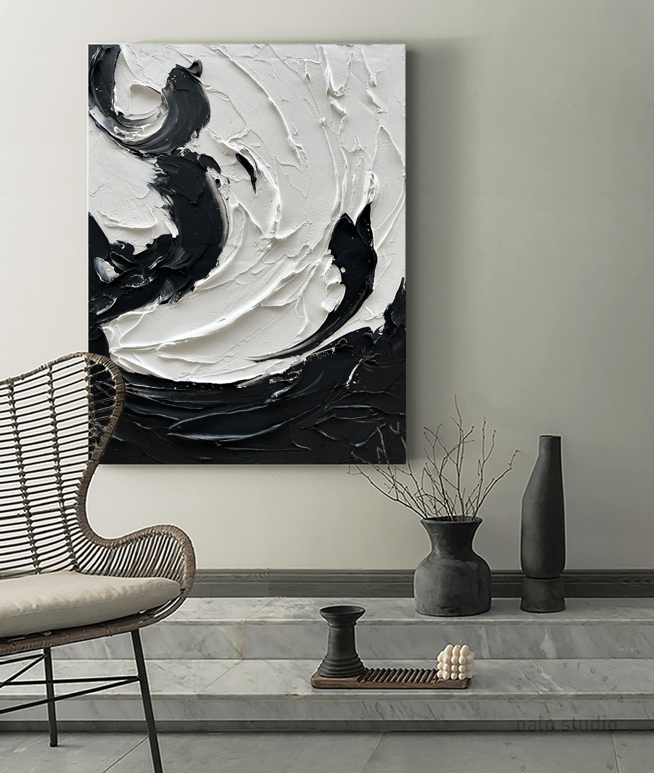 NANKAI 40x28 Inches Hand Painted Modern Abstract Oil Painting - Minimalist Black and White Wall Art with Thick Texture - Perfect for Living Room, Bedroom & Office Decor