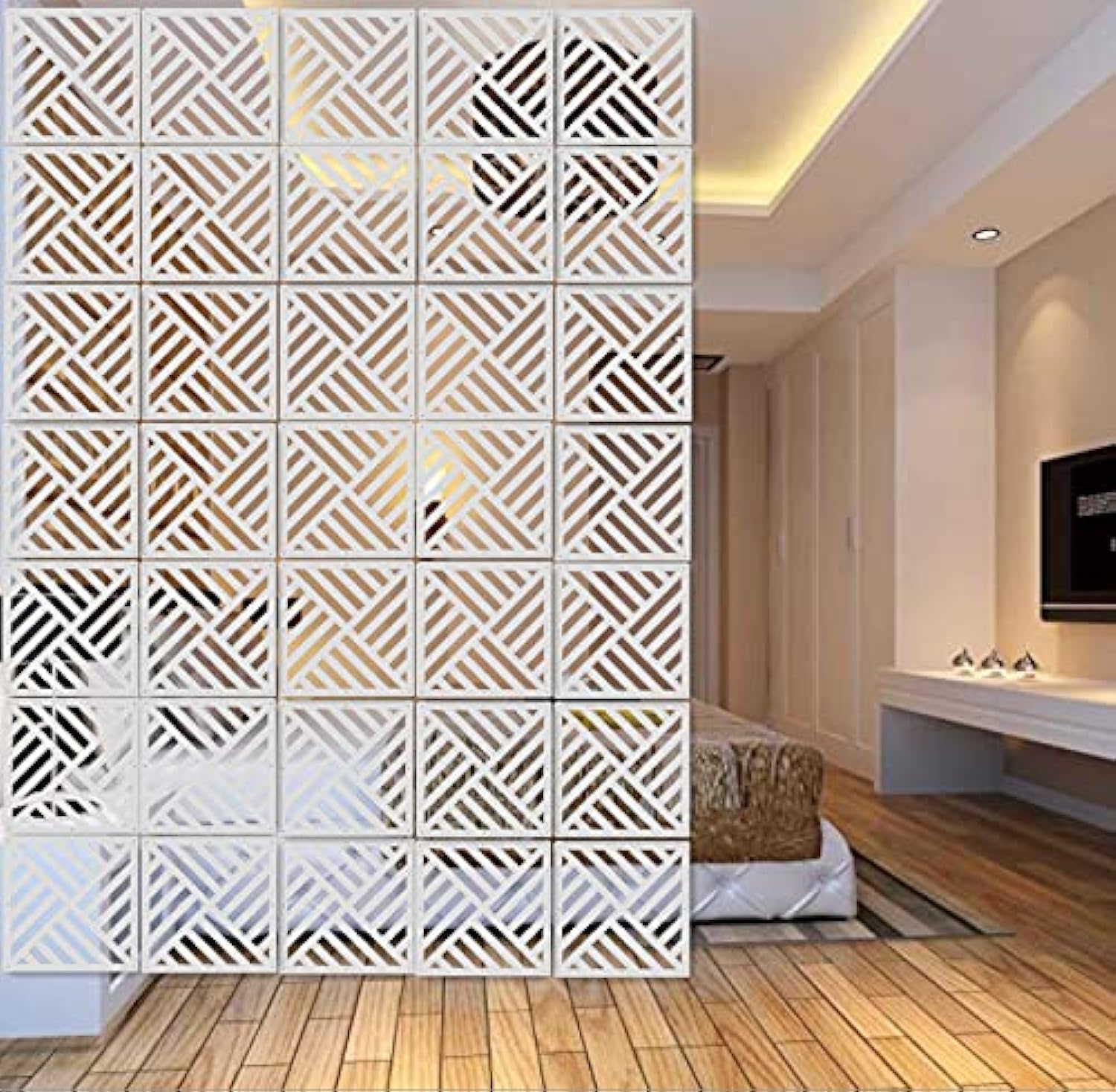12-Piece White Hanging Room Divider Panel - Wood-Plastic DIY Partition Screens for Home & Office - 11.4x11.4 Inch with All Accessories - Perfect for Bedroom Privacy, Living Room Decor & Space Division