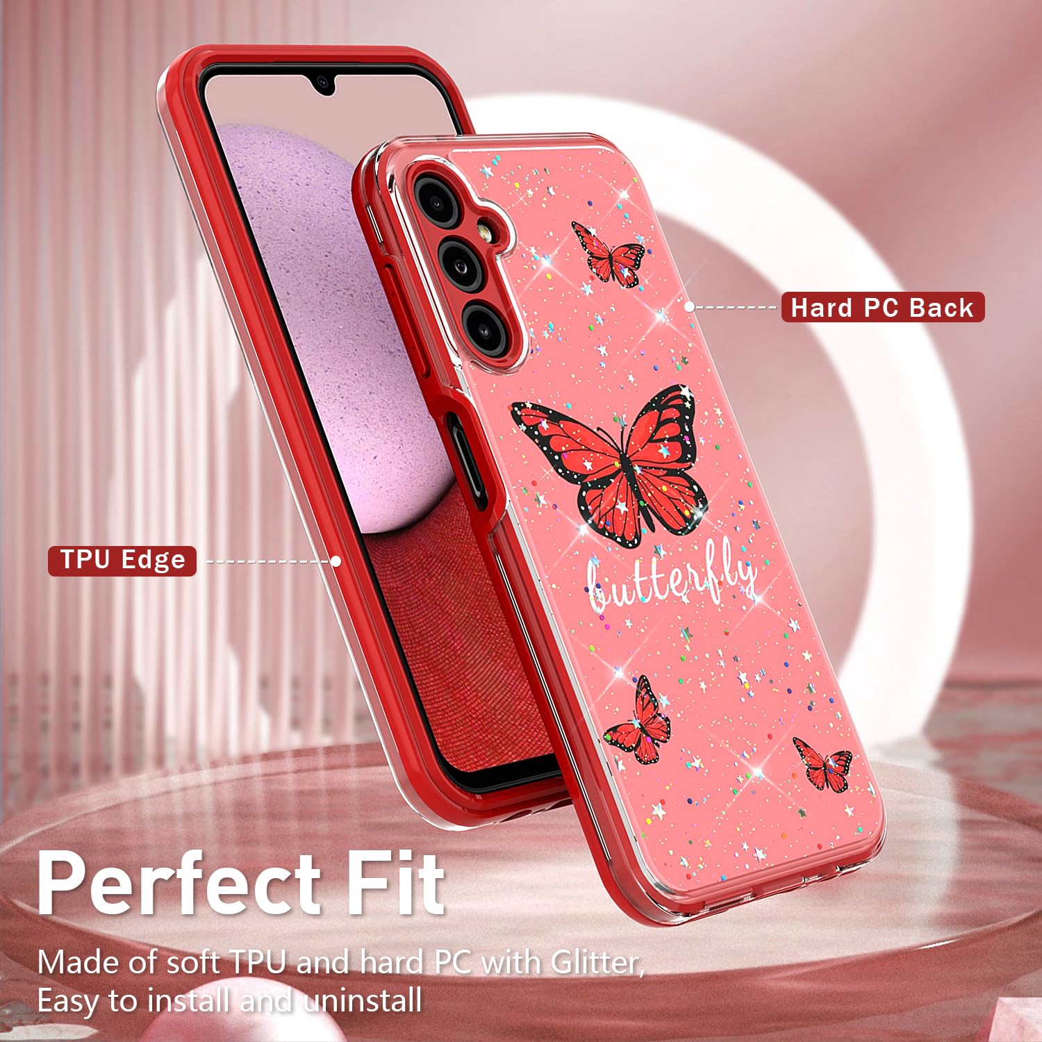 Samsung Galaxy A54 5G Case with 2 Pack Screen Protector - Glitter Bling Butterfly Cute Phone Cover for Women Girls, Slim Soft TPU Bumper & Hard Back Shockproof Protection - Perfect for Everyday Use, Work, and Travel