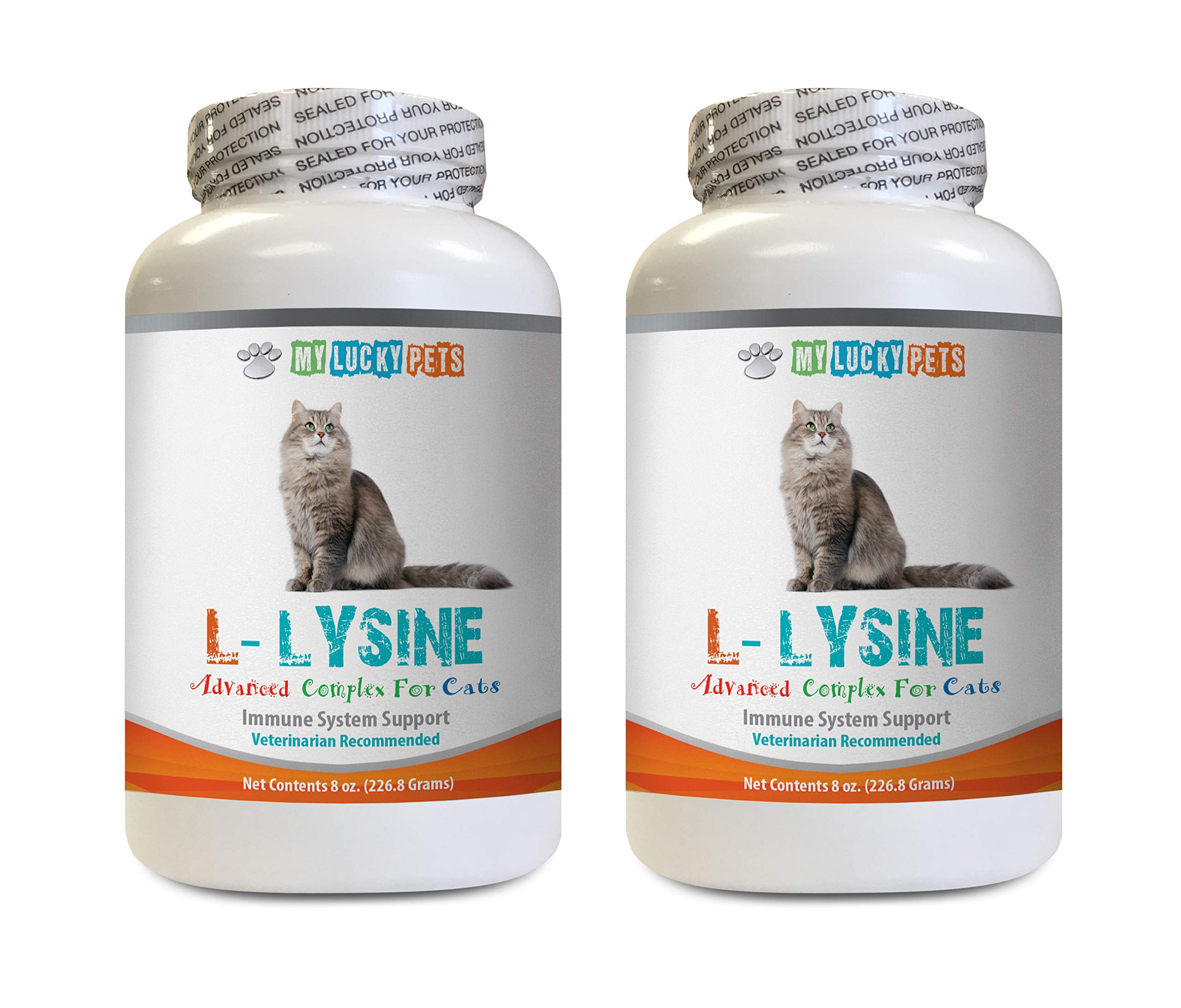 Premium Cat L-Lysine Powder for Skin & Itch Relief - Immune System Booster & Eye Health Supplement - Vet Recommended Natural Formula - Supports Cat Food Immunity - 2 Bottles (16 oz Each) - Perfect for Multi-Cat Households & Allergy Season Care