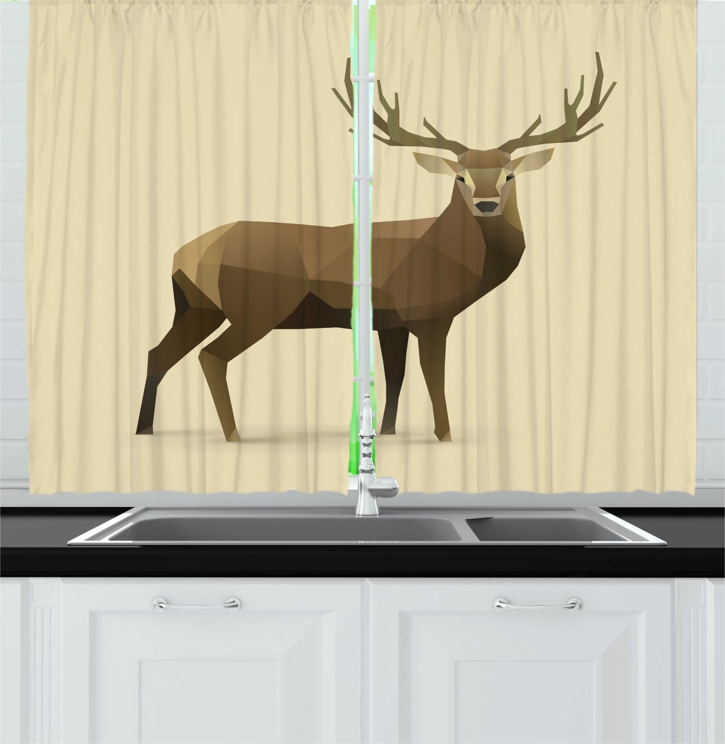 Ambesonne Geometric Deer Forest Kitchen Curtains - Modern Elk Wildlife Animal Print Polyester Drapes, 55
