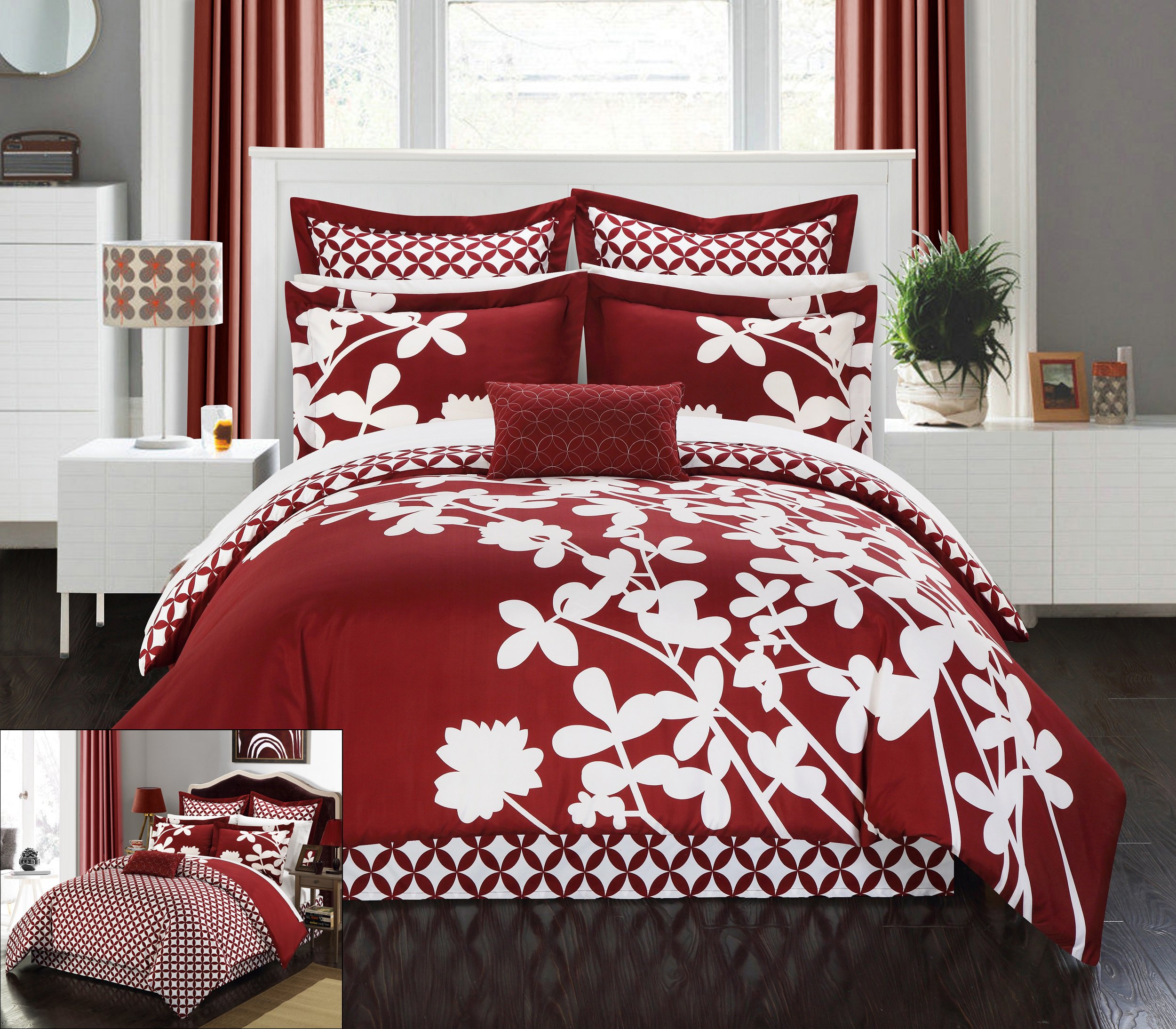 Chic Home 7-Piece Iris Reversible King Comforter Set - Burgundy & Red Large Scale Floral Pattern - Perfect for Master Bedroom, Guest Room & Luxury Hotel Decor