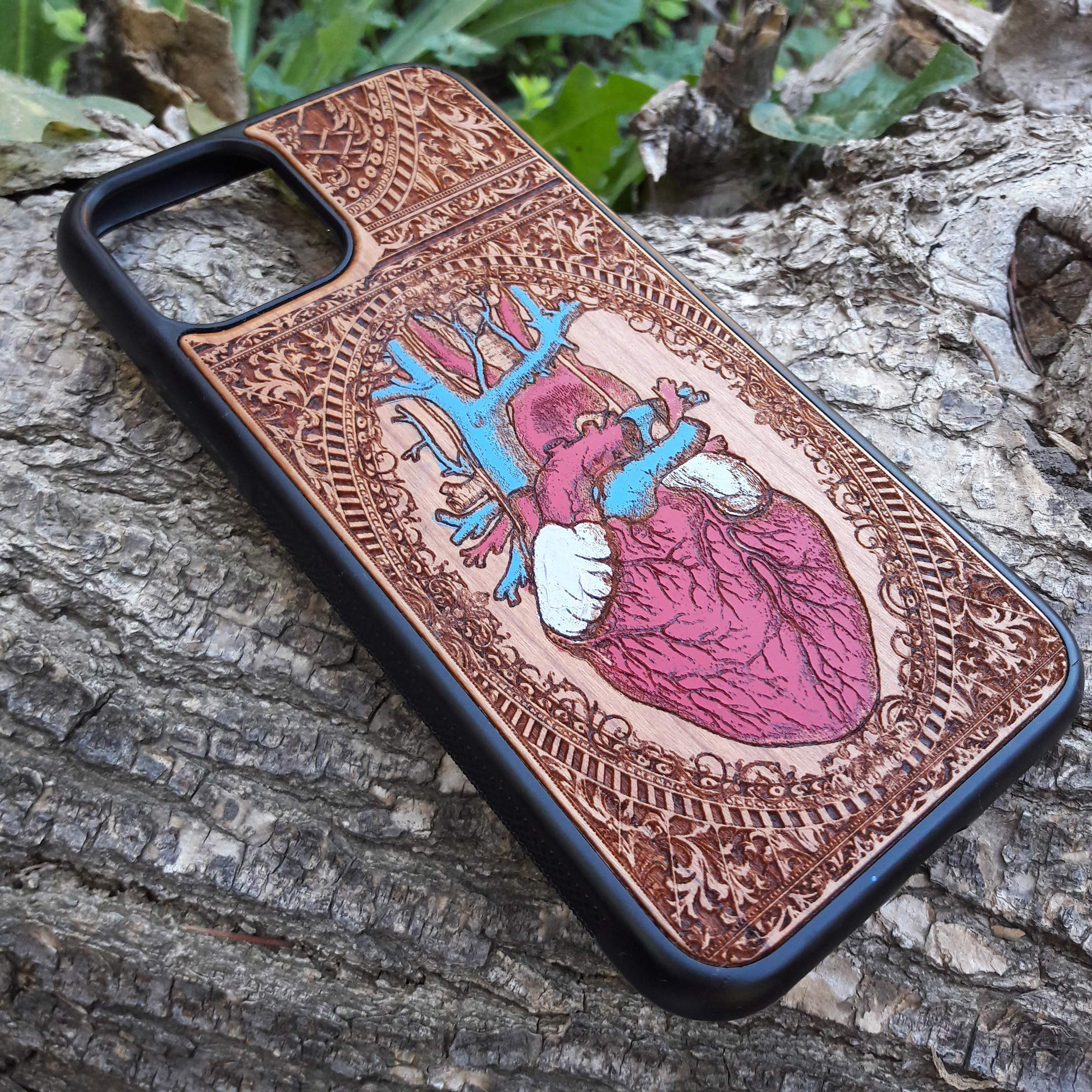 Hand-Painted Wooden Phone Case for iPhone 16/15/14/13/12/11 Pro Max Mini & Galaxy S25/S24/S23/S22/S21/S20 Ultra Plus - Human Heart Earth Design, Laser Engraved, Slim & Eco-Friendly Wood Cover - Perfect for Nature Lovers & Unique Gift Giving