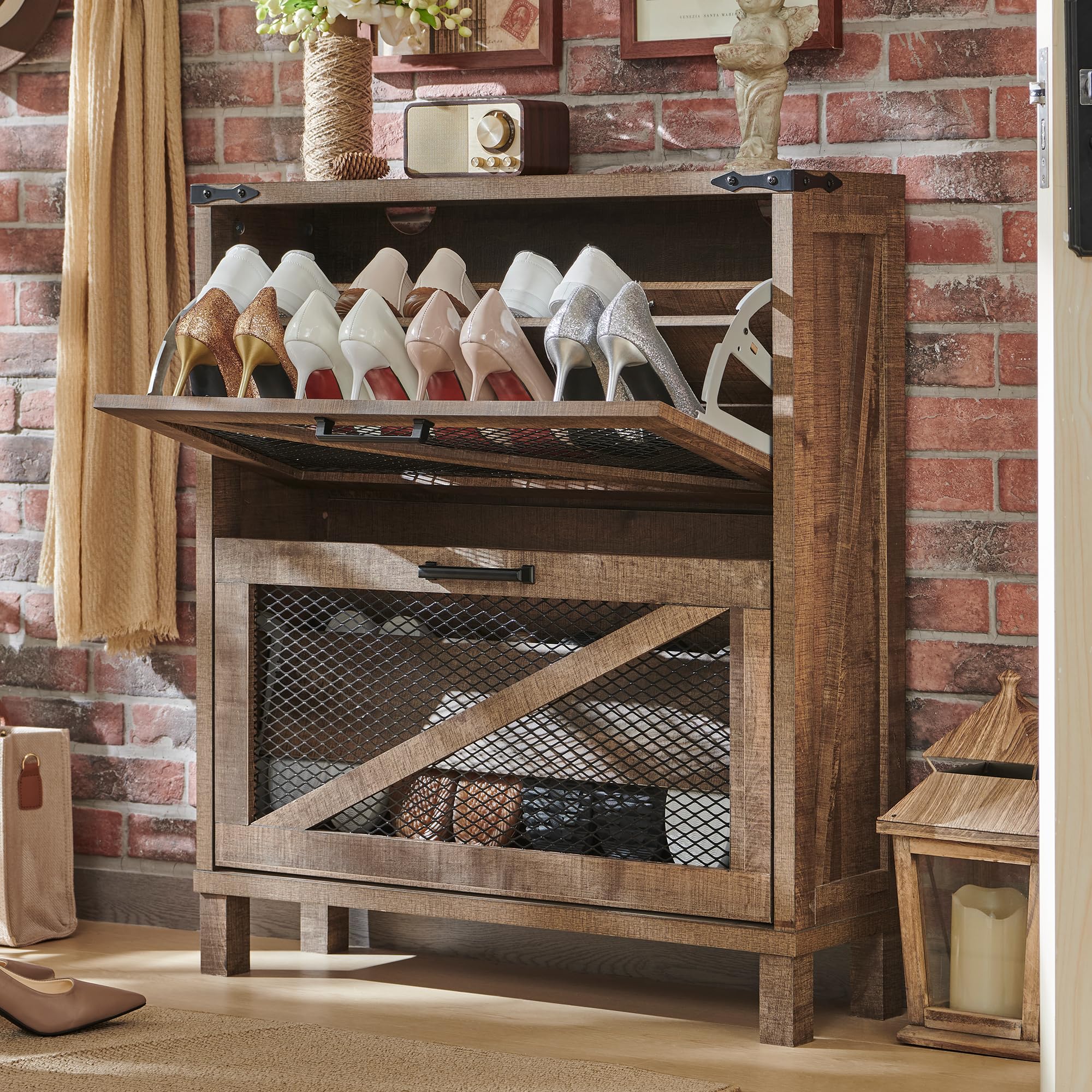 Farmhouse Shoe Cabinet with 2 Flip Drawers & Adjustable Shelves - Rustic Wooden Shoe Organizer with Mesh Doors for Entryway Storage - Light Brown Small Shoe Cabinet for Hallway, Mudroom or Closet Organization