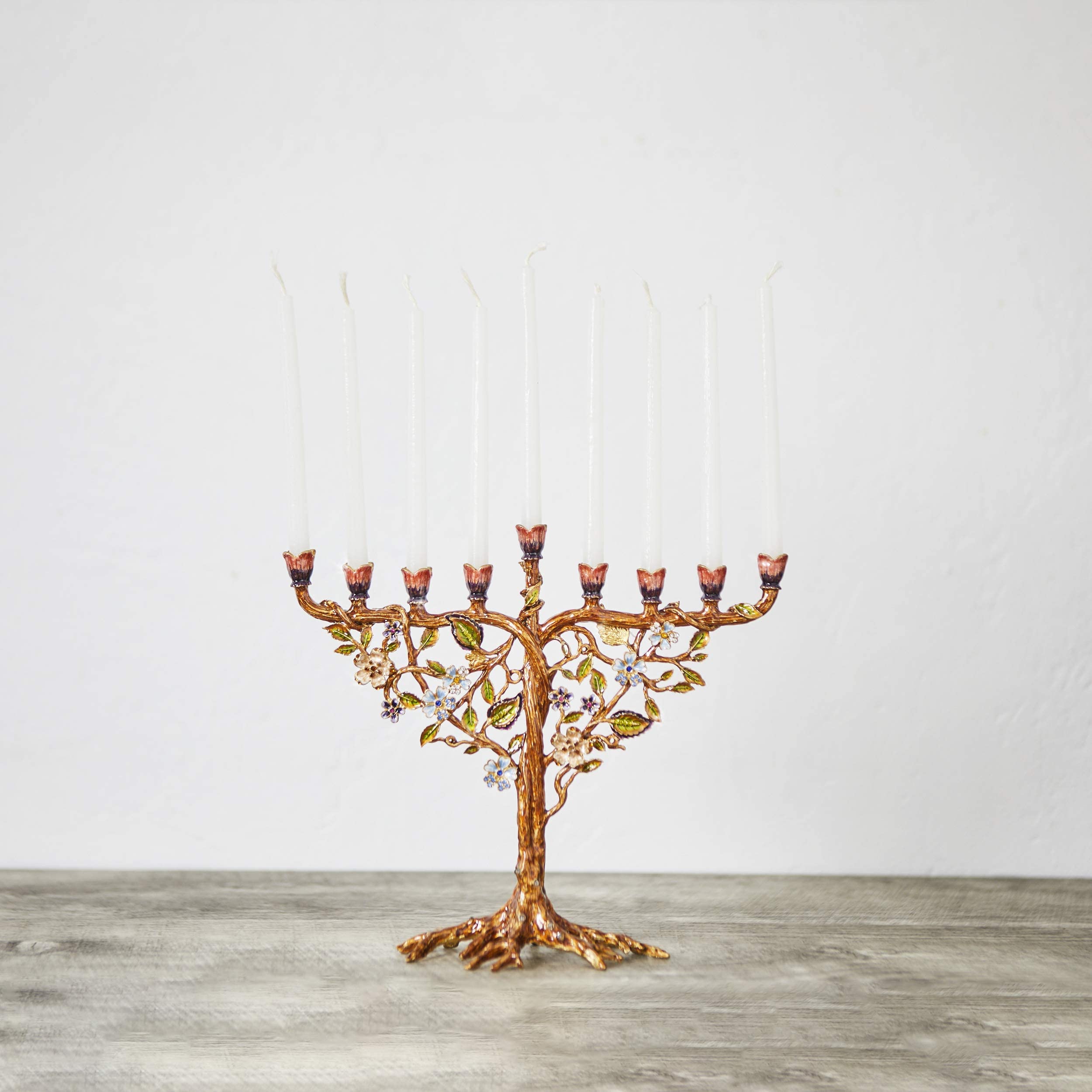Hand Painted Jewish Menorah Candle Holder - Metal Hanukkah Candelabra with Crystal Embellishments & Floral Vine Design, Fits 9mm (5/16