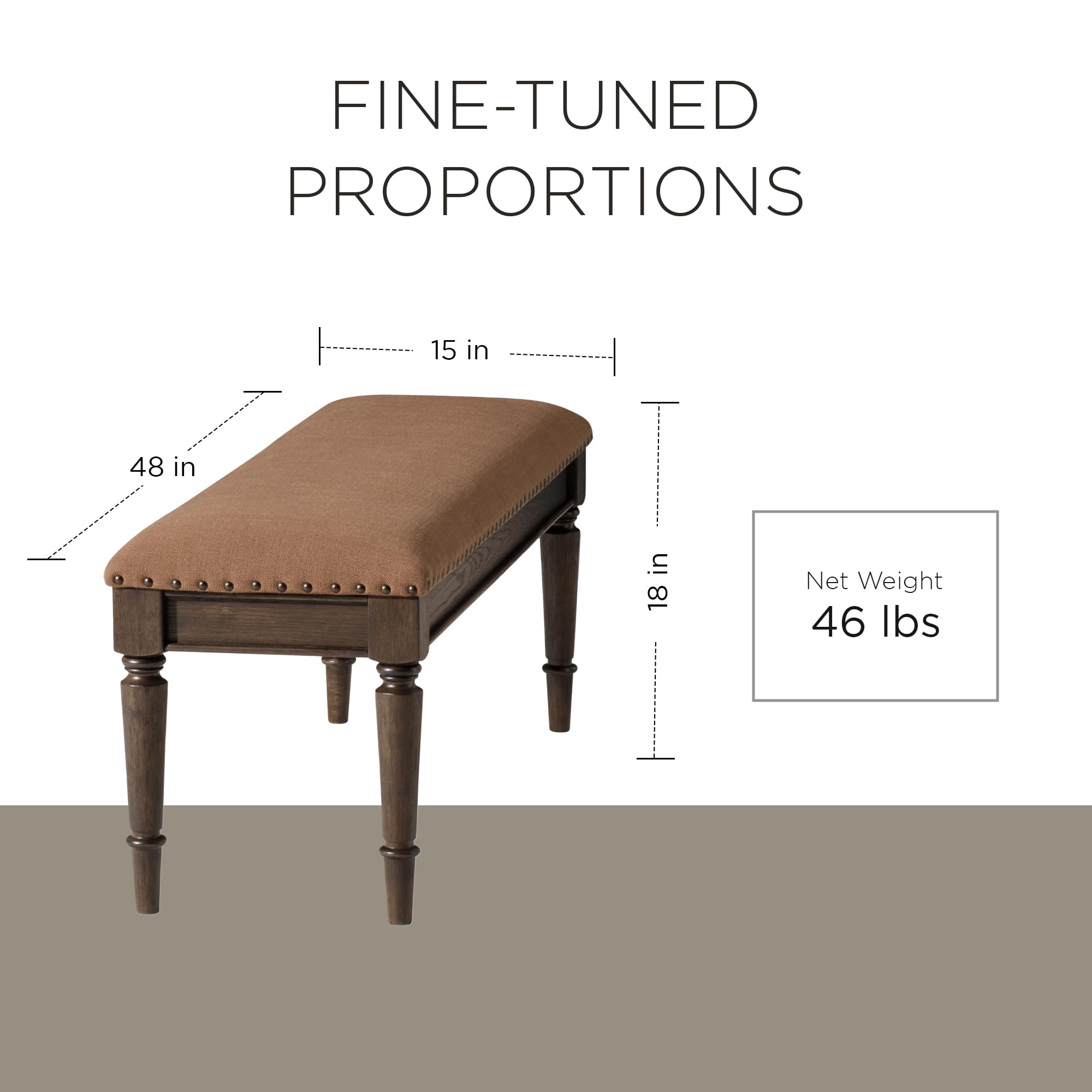 Elizabeth Traditional Wooden Upholstered Bench with Padded Seat - Antique Brown Finish for Kitchen, Dining Room, Entryway & Bedroom | Stylish Home Decor & Functional Seating Solution