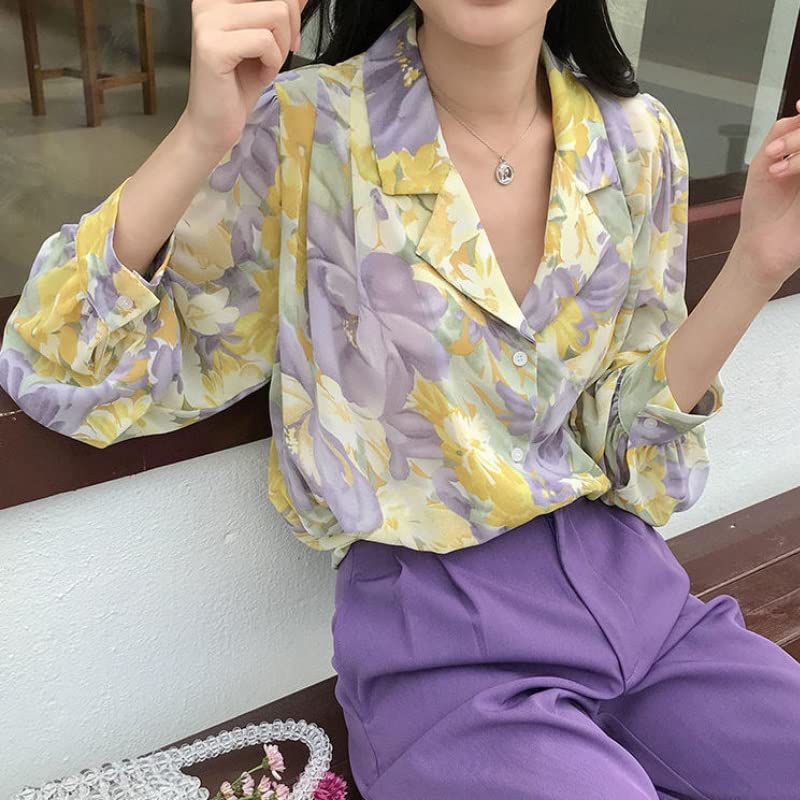 Women's Floral Puff Sleeve Button-Up Blouse - Oversized Retro Fall Shirt for Women (Color A, Size L) | Casual Wear, Office Outfits & Autumn Fashion