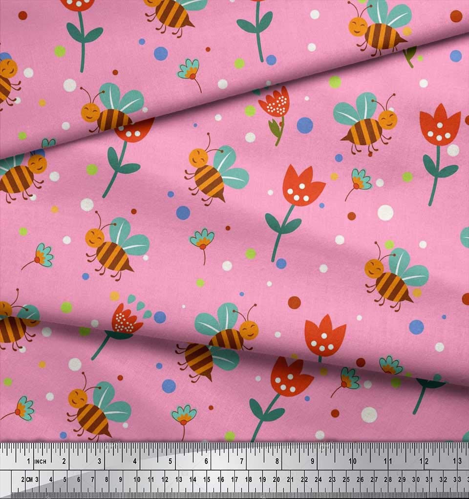 Soimoi Polyester Crepe Pink Fabric - Floral Honey Bee Print for Dresses & Crafts