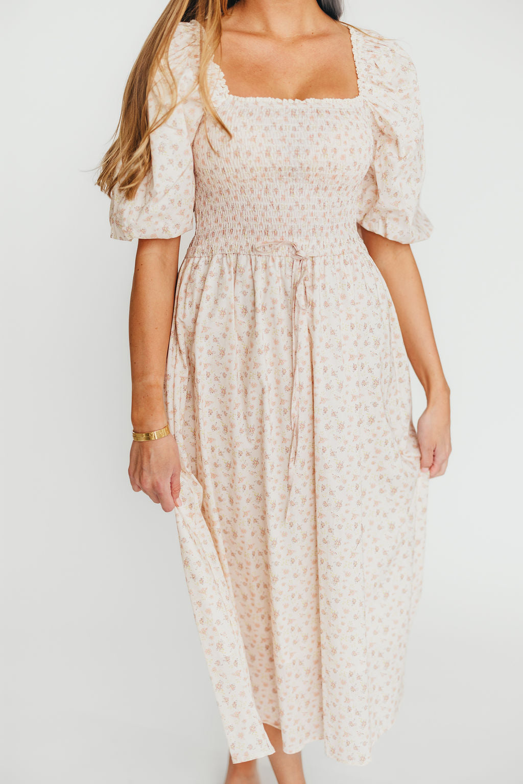 Maeve Women's 100% Cotton Puff Sleeve Midi Dress - Dainty Pink Floral Print | Casual Summer Dress for Beach, Garden Parties & Date Nights