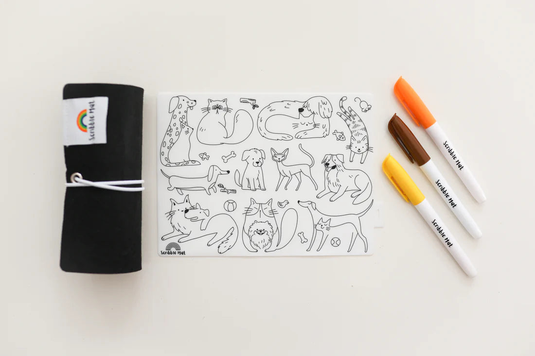 Reusable Mini Scribble Mat Set for Kids - Cats & Dogs Design | Doodle Drawing Board for Toddlers | Perfect for Travel, Restaurants & Home Playtime