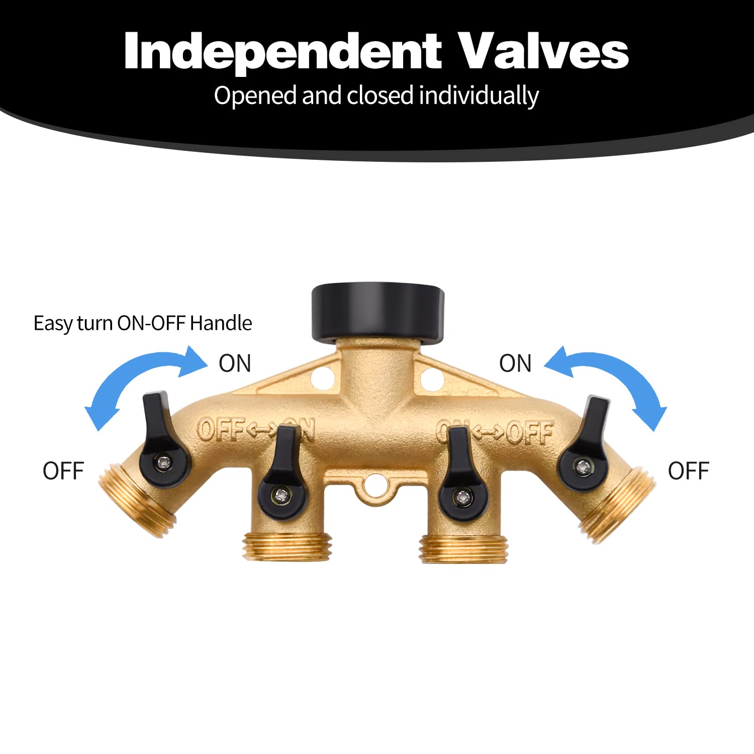 4-Way Garden Hose Splitter with Valves - Brass Spigot Adapter for Outdoor Watering