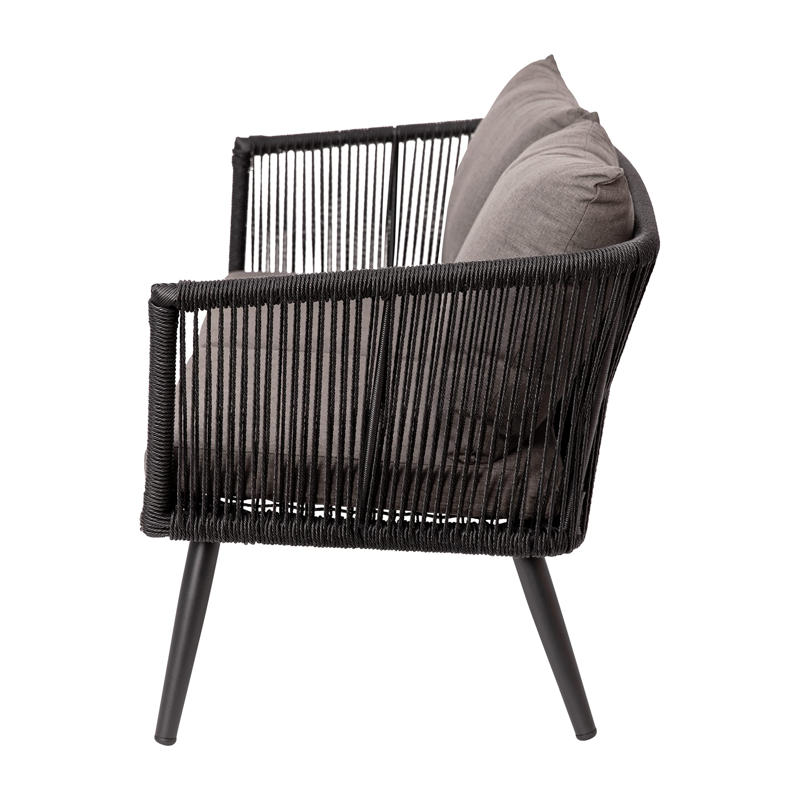 EMMA + OLIVER Alfresco Black & Gray Woven Outdoor Conversation Set - 4 Piece All-Weather Patio Furniture with 2 Chairs, Sofa & Metal Table - Includes Cushions for Backyard, Garden, Poolside & Deck Relaxation