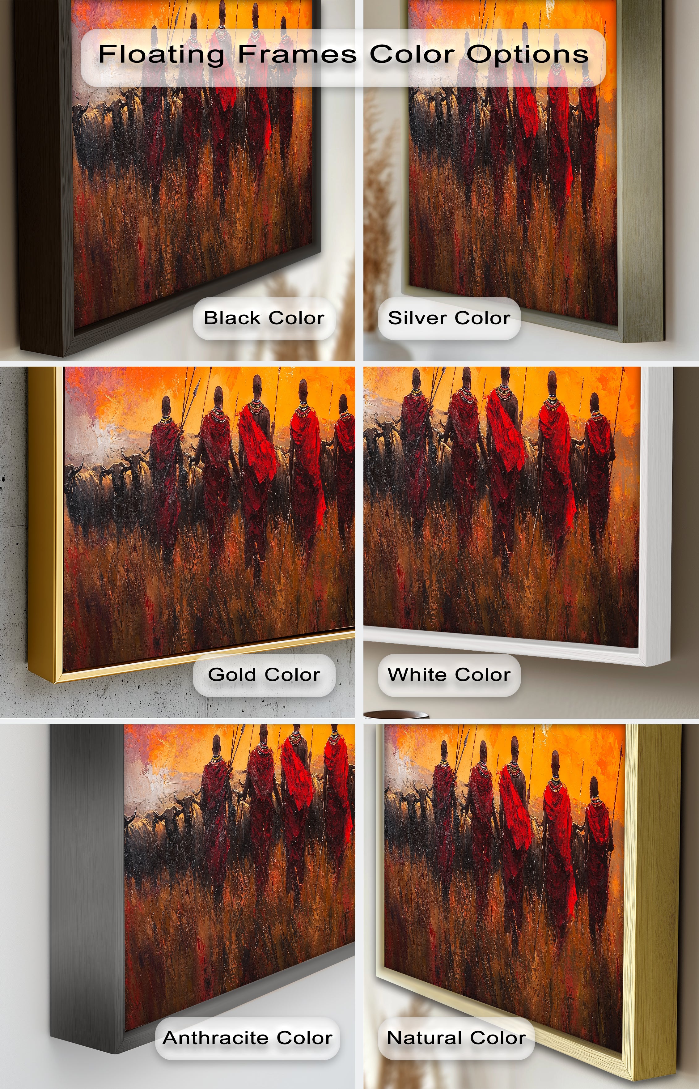 African Warrior Sunset Tribal Culture Oil Painting - Handmade Wall Art for Living Room, Bedroom & Office Decor