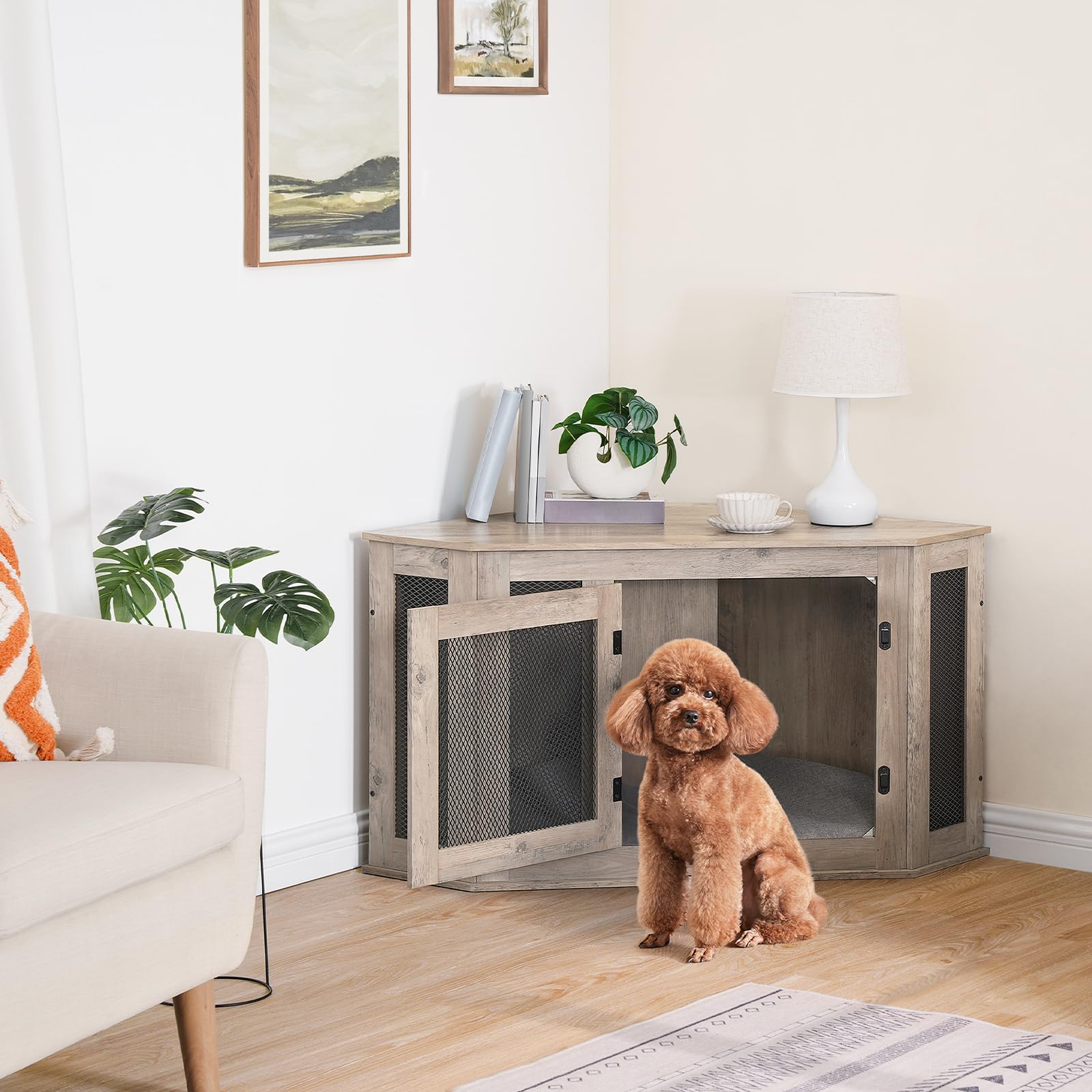Stylish Wooden Dog Crate End Table - Multi-Functional Pet Kennel Furniture for Small & Medium Dogs | Indoor Decorative Dog House & TV Stand in Greige & Black (DCHG0801) | Perfect for Living Rooms, Bedrooms & Home Offices