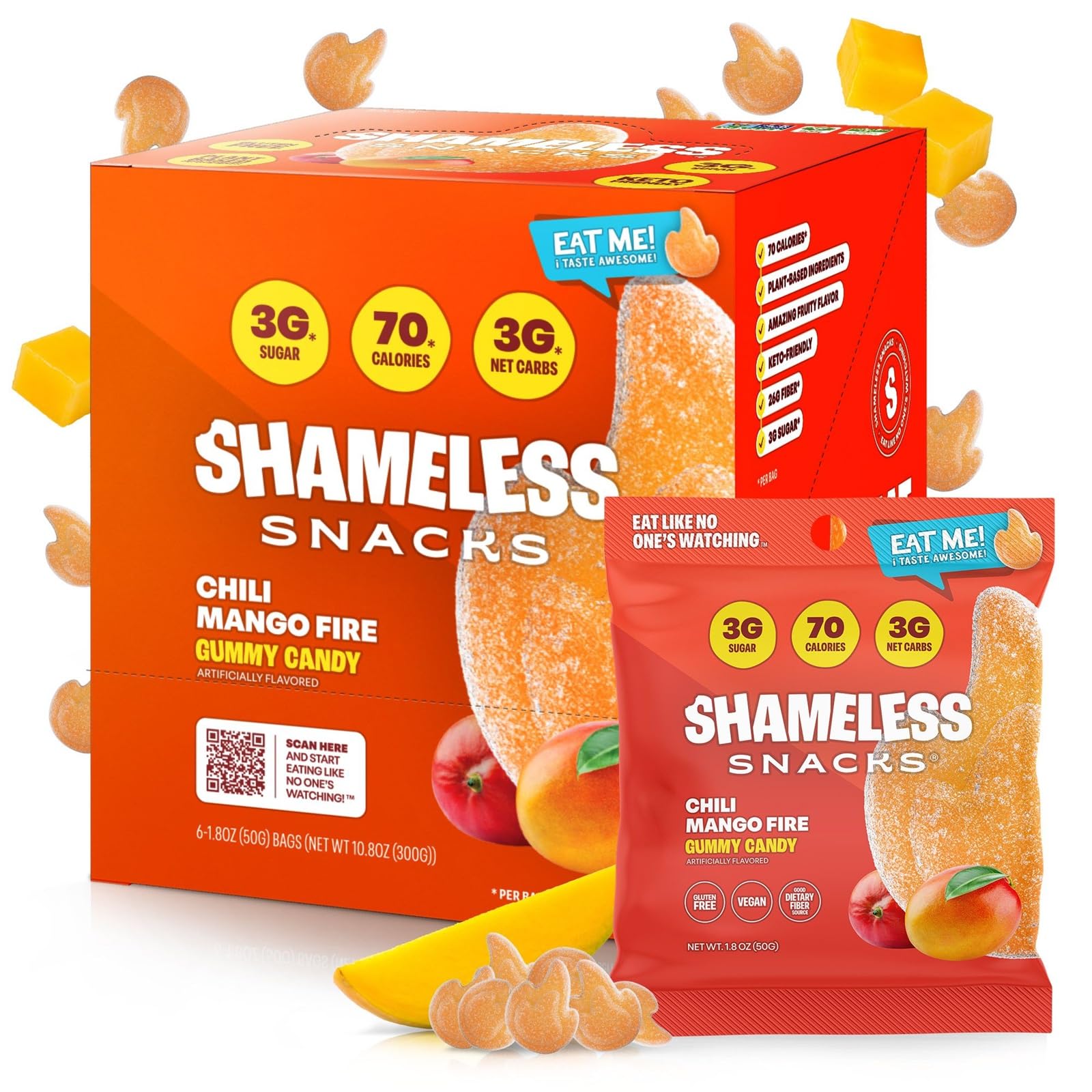 Shameless Snacks - Healthy Low Calorie Keto Gummies (6 Pack Chili Mango Fire) - Gluten Free, Low Carb Candy for Weight Loss | Perfect for Keto Diet, Office Snacking & On-the-Go Energy Boost