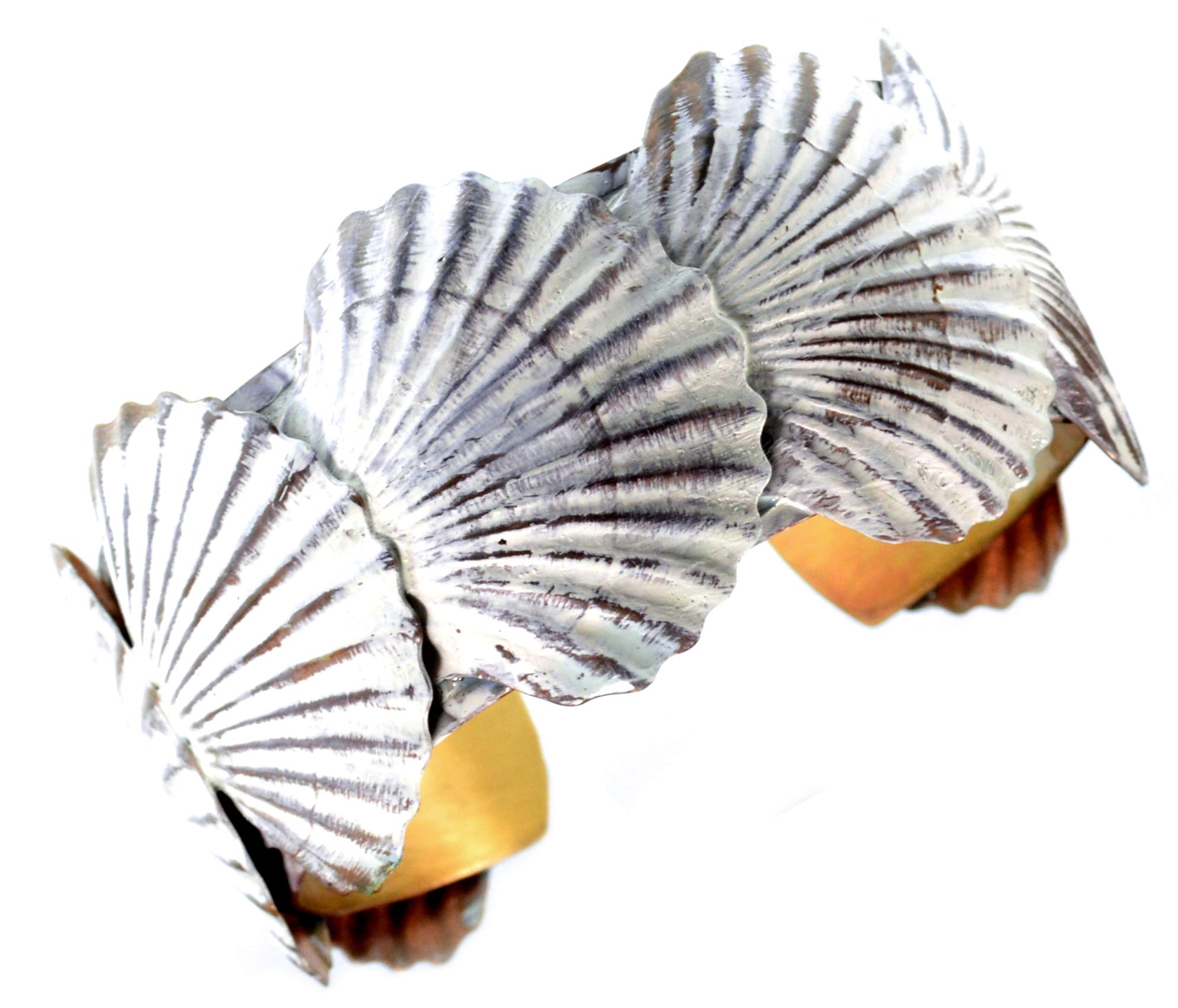 Elaine Coyne Wearable Art White Chocolate Patina Brass Overlapping Scallop Shells Cuff Bracelet - Elegant Boho Jewelry for Women, Beach Wedding Accessories, Gift for Her