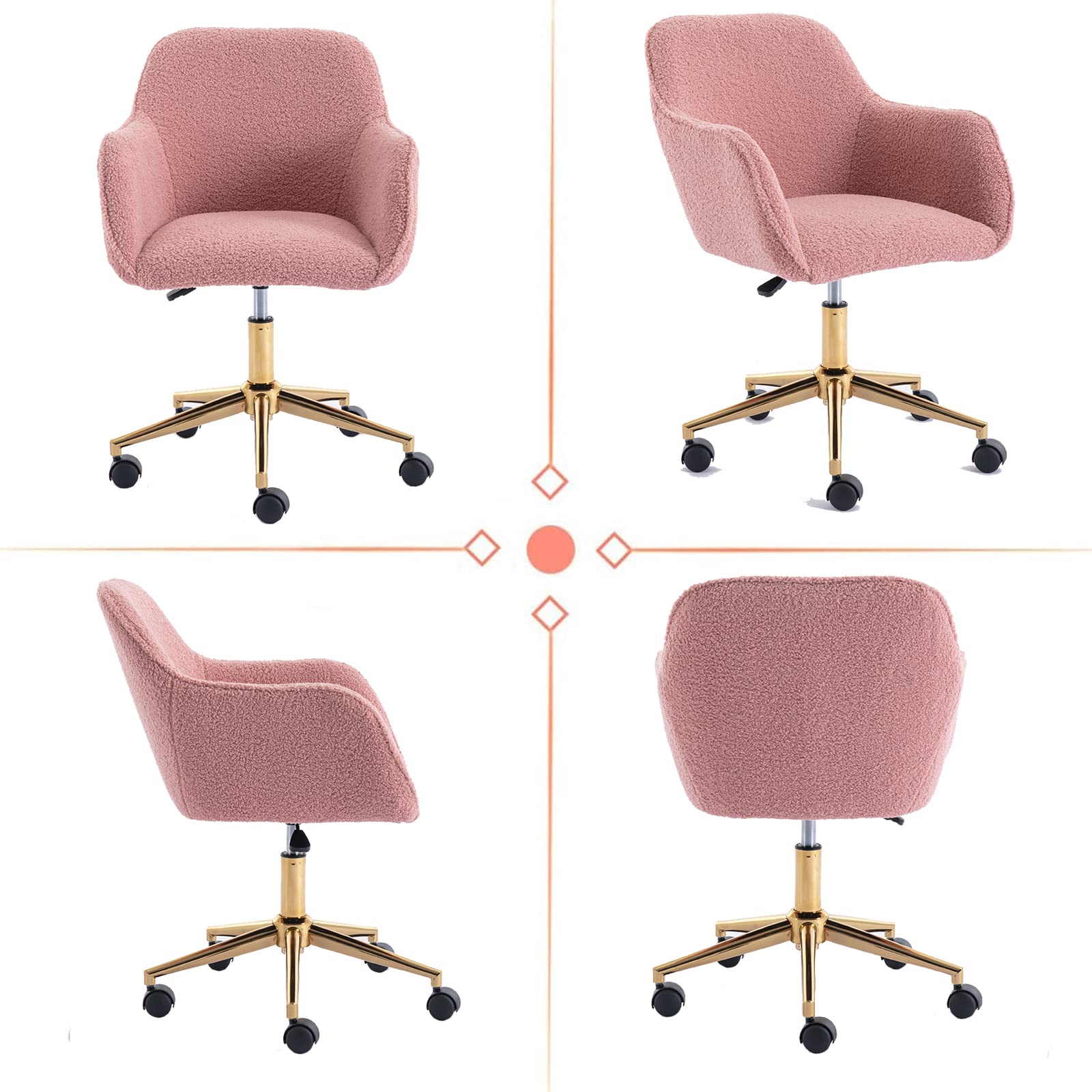 Luxury Faux Fur Swivel Office & Home Desk Chair - Modern Tufted Seat with Golden Base, Elegant Vanity & Kids Task Chair in Pink - Perfect for Home Office, Bedroom & Study Room