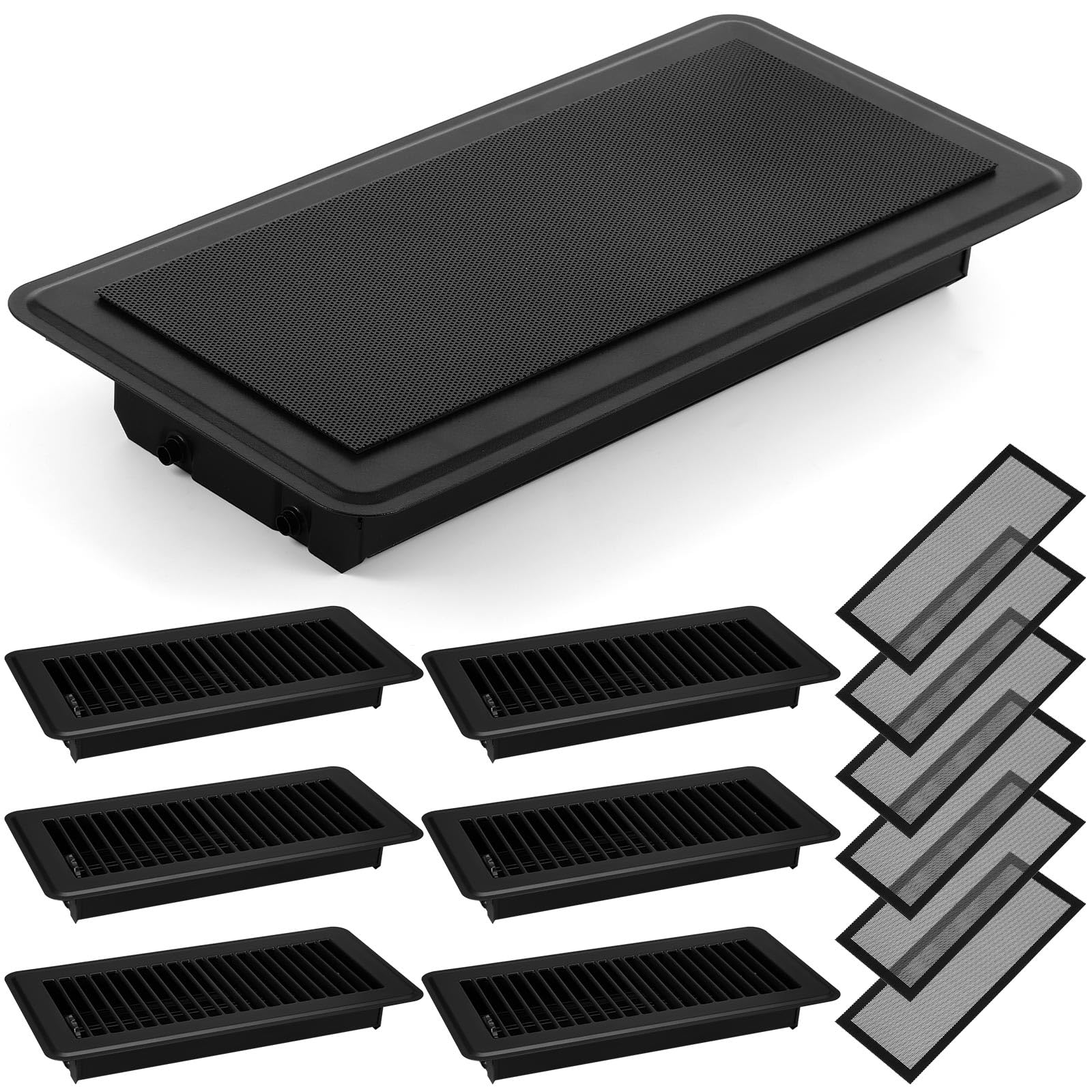 Therwen 12-Piece Magnetic Floor Vent Cover Set - 6 Walkable Steel Registers & 6 Mesh Filters for Home HVAC (Black, 4