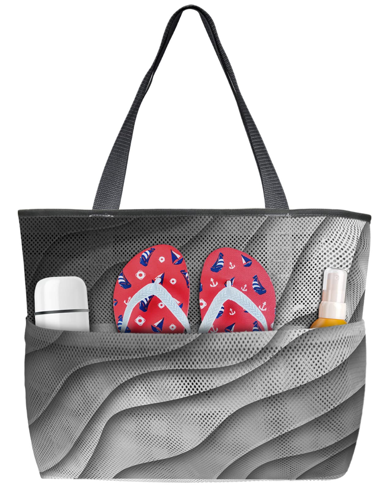 Large Mesh Beach Tote Bag for Women - Black Grey Gradient Oversized Pool Bag with 8 Pockets | Waterproof Travel, Grocery Shopping & Toy Storage Bag | Perfect for Beach Vacations, Swimming & Summer Outings