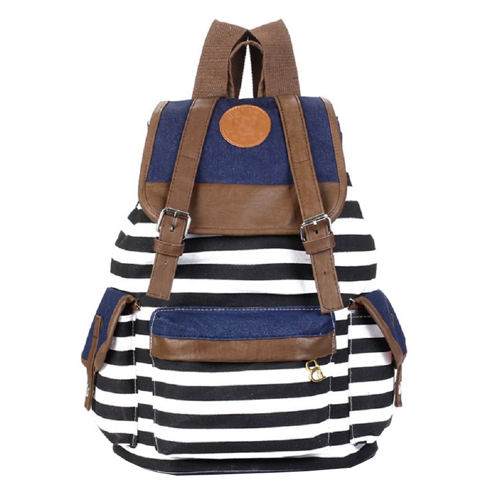 MiCoolker Women's Striped Rucksack - Lightweight School Backpack for College, Travel & Day Use - Durable Water-Resistant Daypack (Black) | Perfect for Campus, Commuting & Weekend Adventures