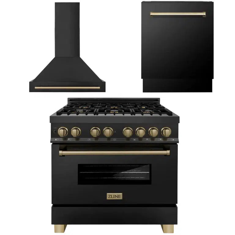 ZLINE Autograph Edition 36-inch Black Stainless Steel Dual Fuel Range Kitchen Package with Range Hood & Dishwasher - Champagne Bronze Accents (3AKP RABRHDWV36 CB) | Premium Kitchen Appliances for Modern Homes & Gourmet Cooking