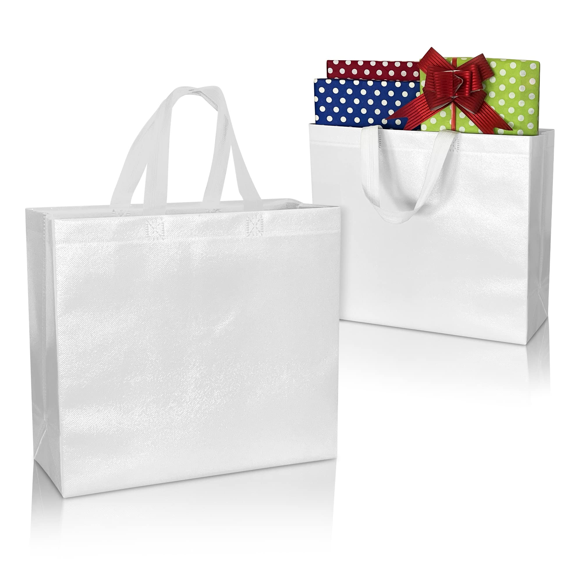 Premium White Gift Bags Bulk Pack of 12 - Large Reusable Shiny Party Favor Bags with Handles (13