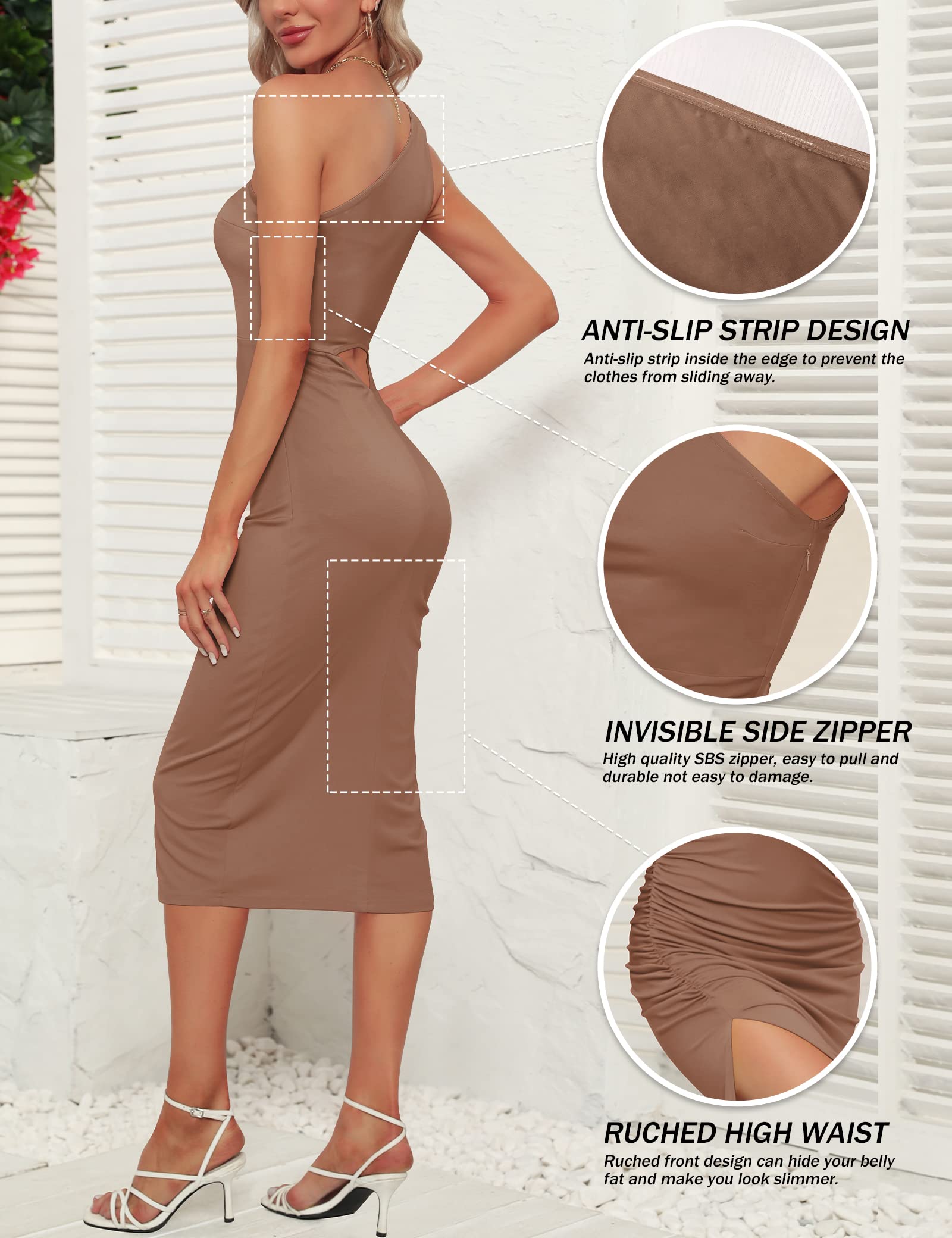 Sarin Mathews Women's One Shoulder Ruched Bodycon Dress - Sexy Sleeveless Slit Midi Dress for Party, Cocktail, Wedding Guest & Evening Occasions