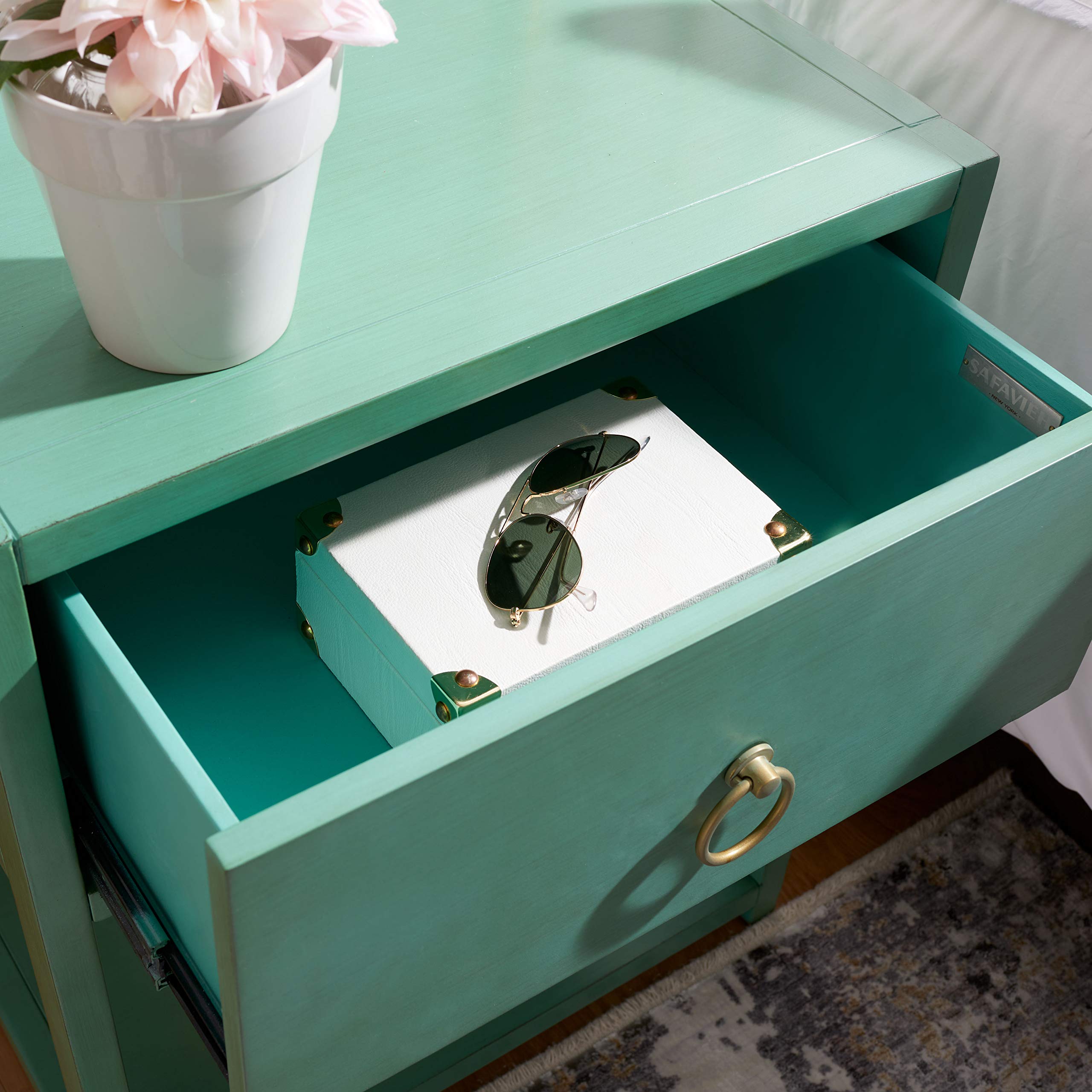 Safavieh Home Collection Yudi Turquoise and Gold 1-Drawer Nightstand - Modern Bedside Table for Bedroom Decor, Small Storage Cabinet with Drawer - Perfect for Guest Rooms, Apartments & Dormitories