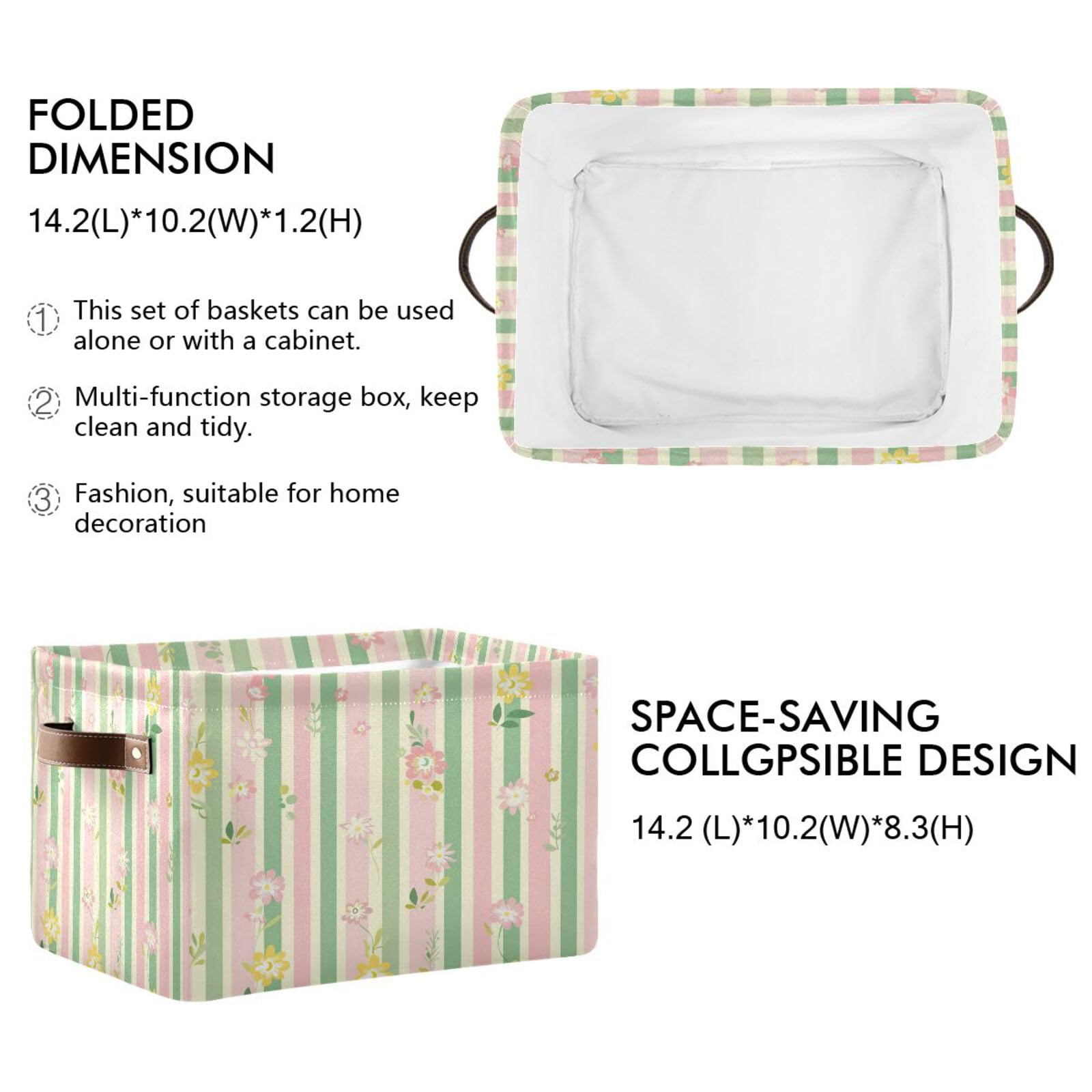 Foldable Striped Flower Large Square Storage Basket Bin with Handles (2-Pack) - Multi-Functional Organizer for Closet, Shelf, Nursery | Perfect for Storing Toys, Books, Clothes & Home Organization