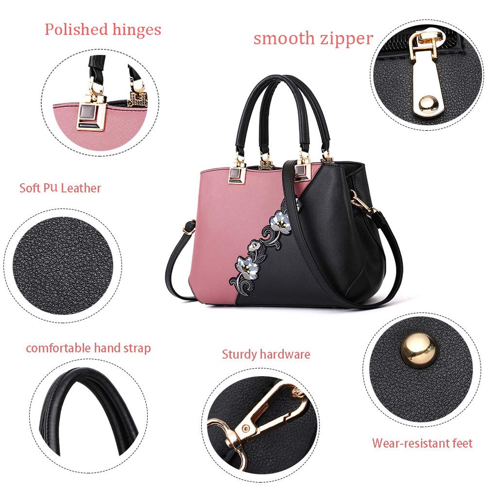 ELDA Women's Embroidery Top Handle Satchel - Stylish Shoulder Bag & Tote Purse for Work, Travel & Daily Use | Fashionable Messenger Handbags for Ladies