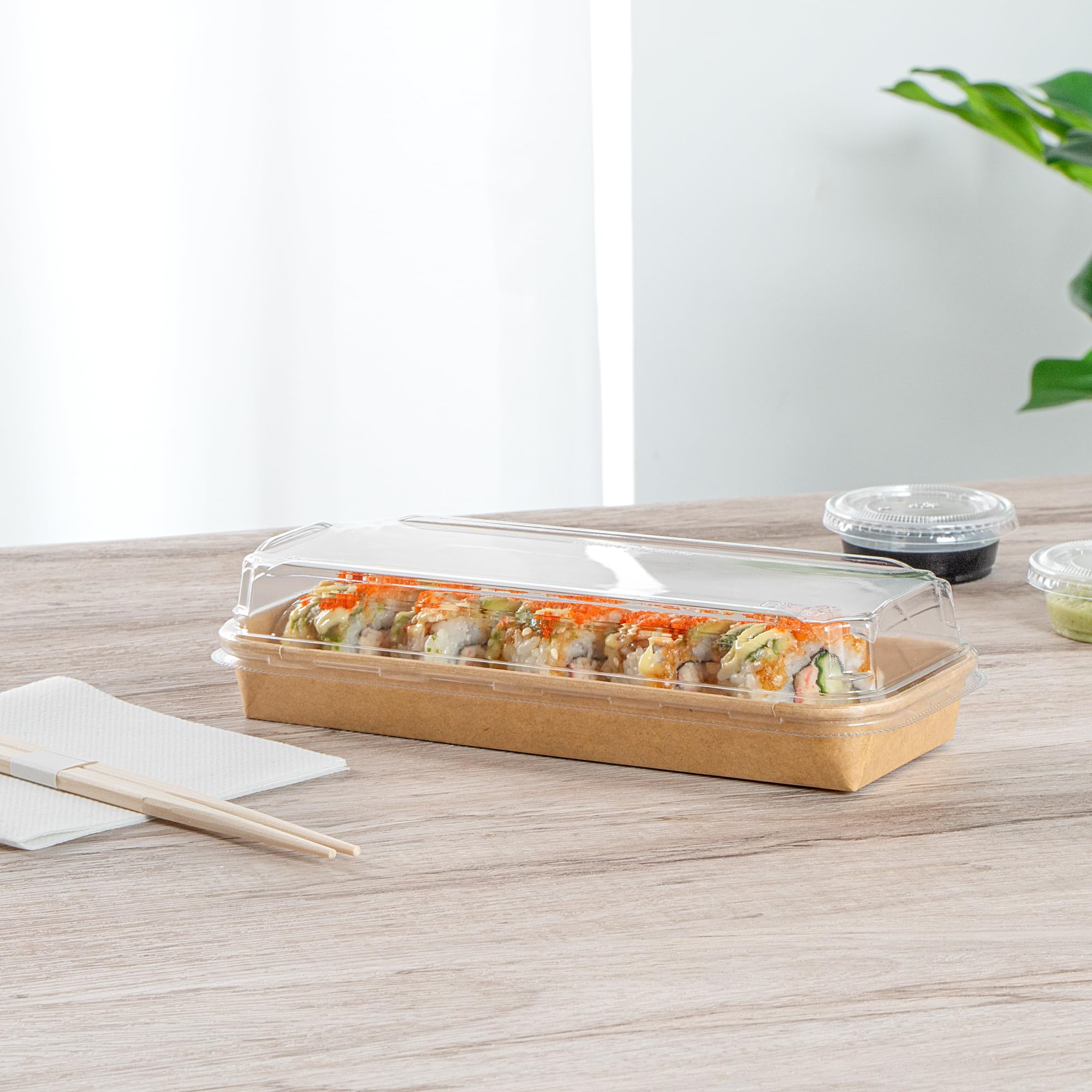 Matsuri Vision 8.8 x 3.7 x 1.2 Inch Clear Plastic Dome Lids for Sushi Containers - 50 Pack Airtight No-Fog Lids (Containers Sold Separately) | Perfect for Sushi Restaurants, Catering, Takeout & Food Storage
