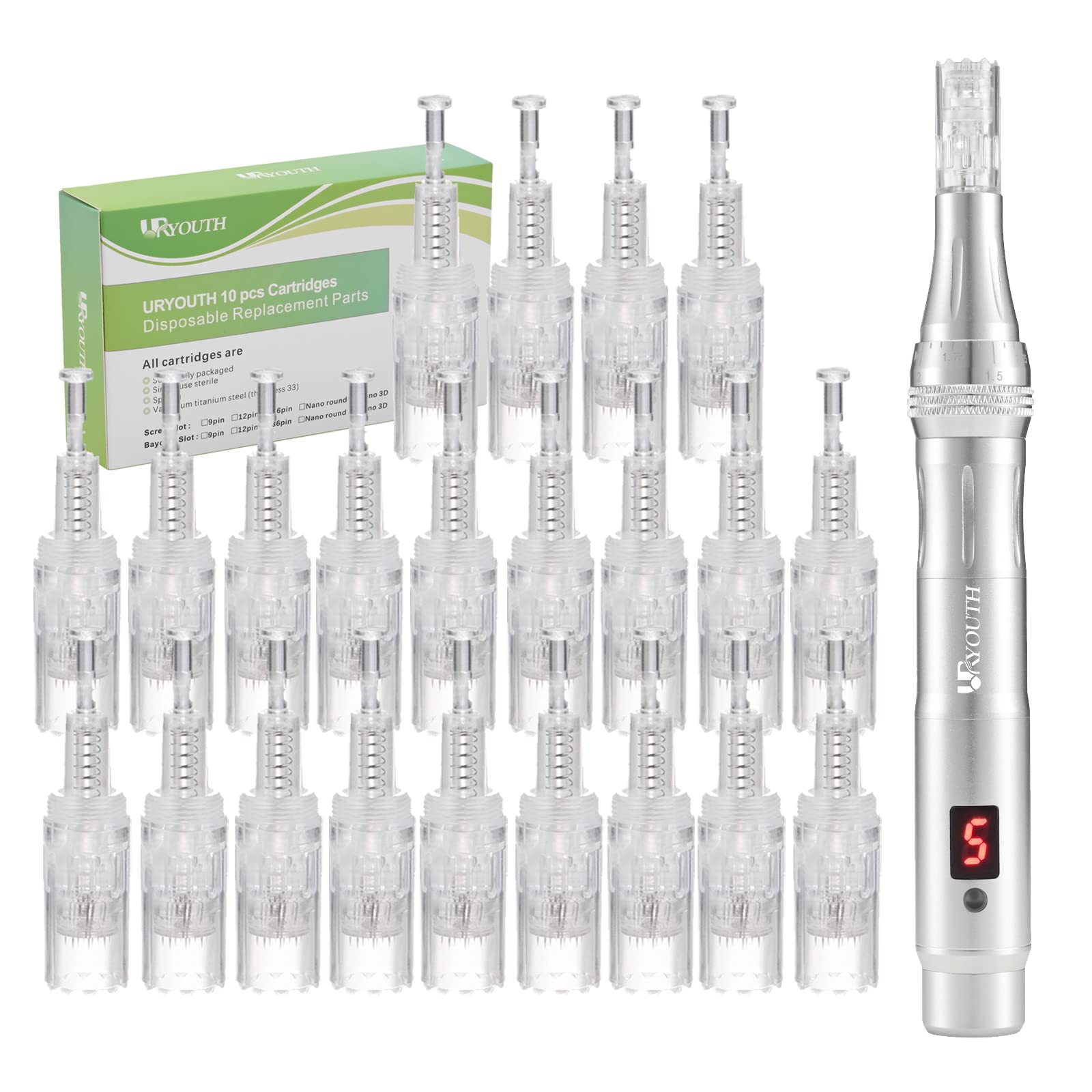 URYOUTH Microneedling Pen Replacement Needles 22PCS - Wireless Electric Microdermabrasion Machine & Derma Roller Kit for Face & Body - Professional Microneedle Therapy for Acne Scars, Wrinkles & Skin Rejuvenation (Silver) | At-Home Skincare & Beauty Treatment